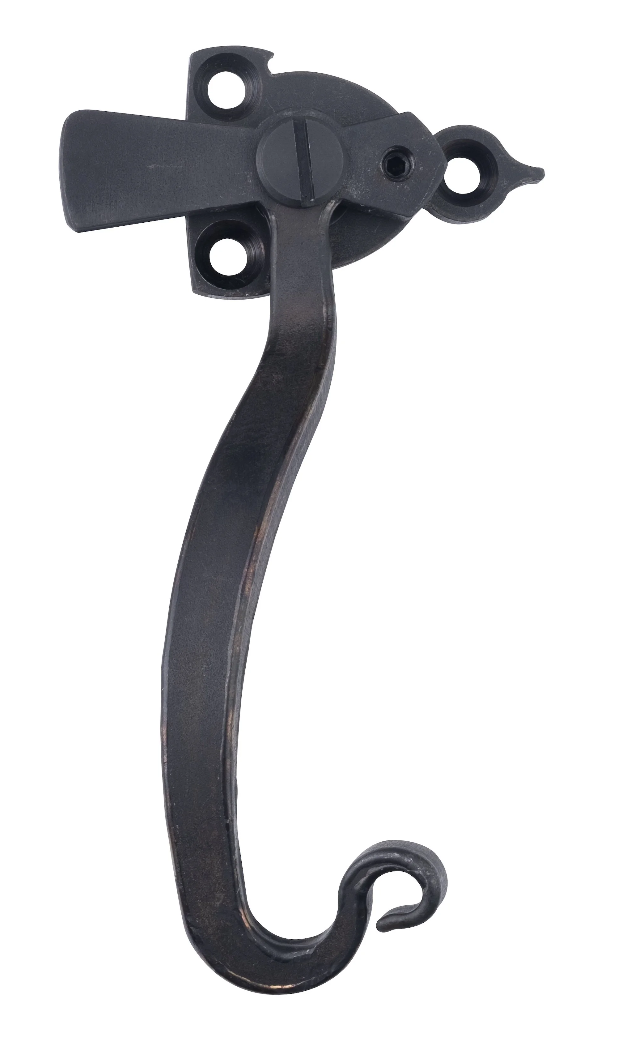Black metal hook with a screw at the top and a curved hook at the bottom, isolated on a white background.