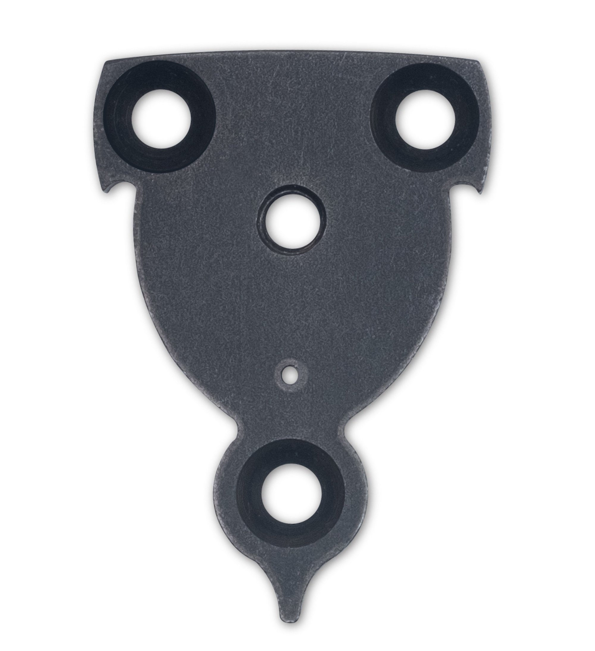 Black trimmer blade with three circular openings and a pointed end, isolated on white background.