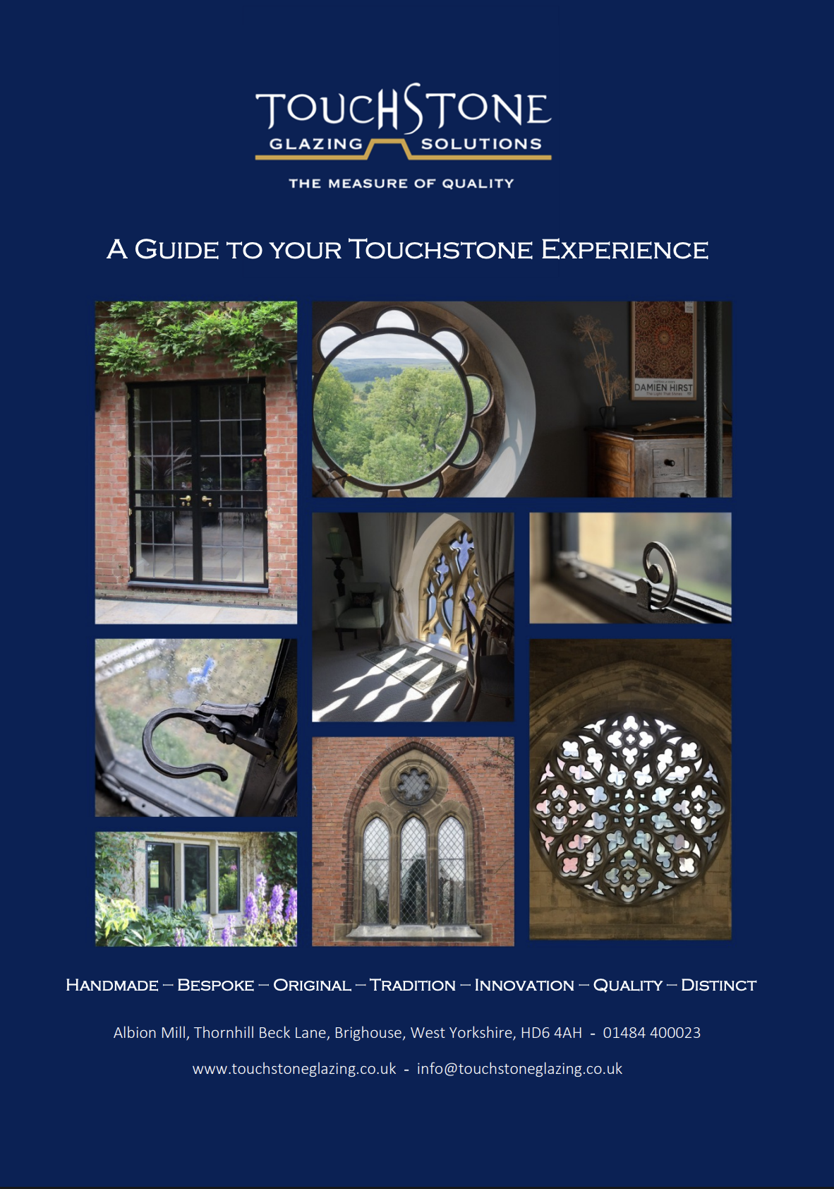Brochure cover for Touchstone Glazing Solutions featuring images of various windows, doors, and architectural details, with text emphasizing quality, originality, and tradition, located in Brighouse, West Yorkshire.