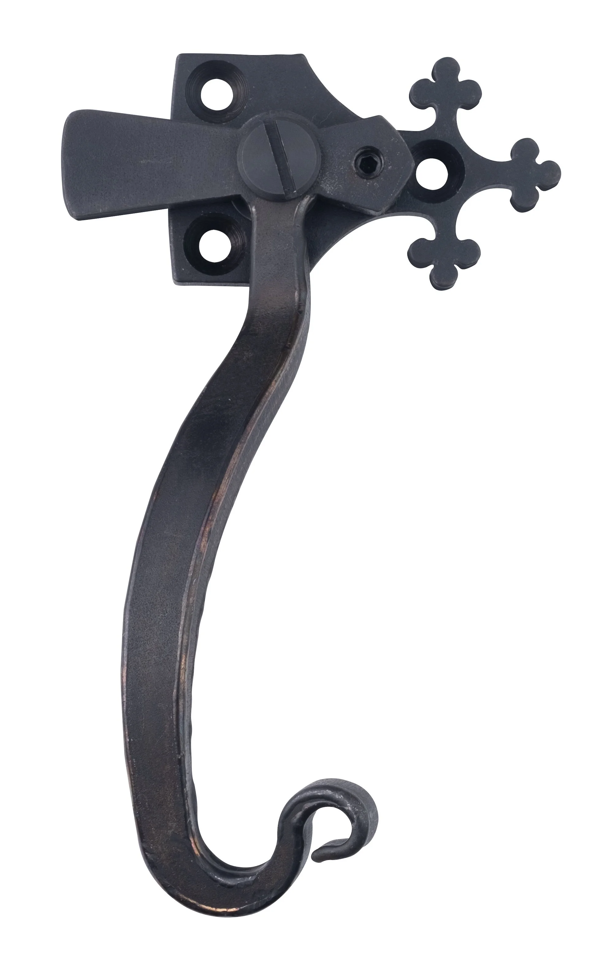 A black metal wall hook with a decorative cross-shaped piece at the top, a screw in the center, and a curled hook at the bottom.
