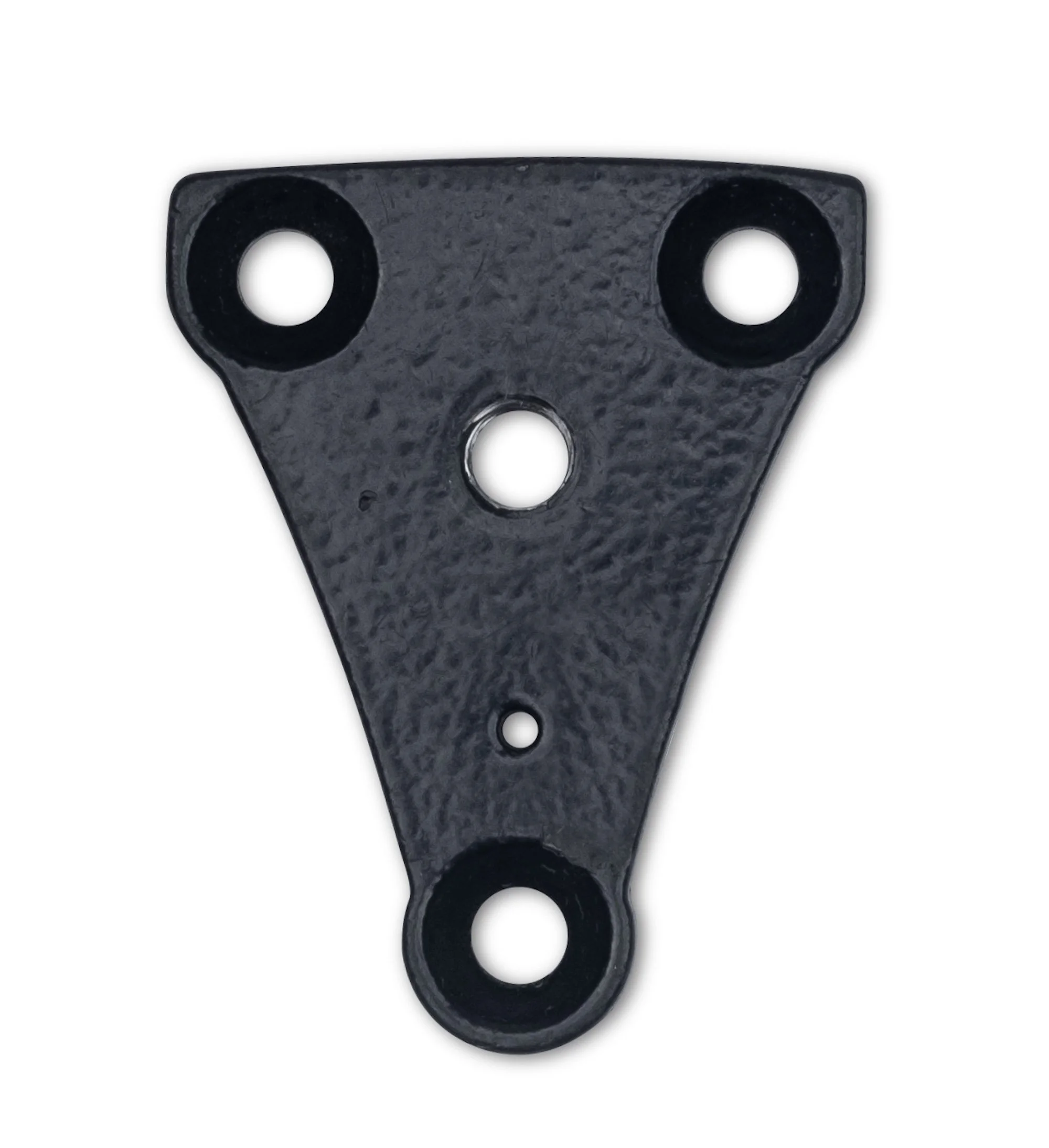 A black, textured metal component with five circular holes, arranged in a triangular pattern, with one larger hole at the bottom.