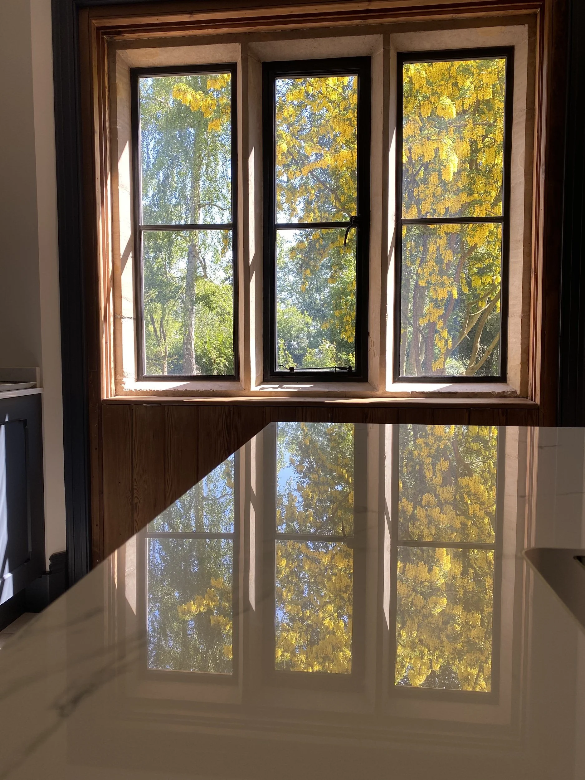 A window with three panes showing trees with yellow leaves outside, sunlight streaming through the window, and a reflection of the window and trees on a shiny surface below.