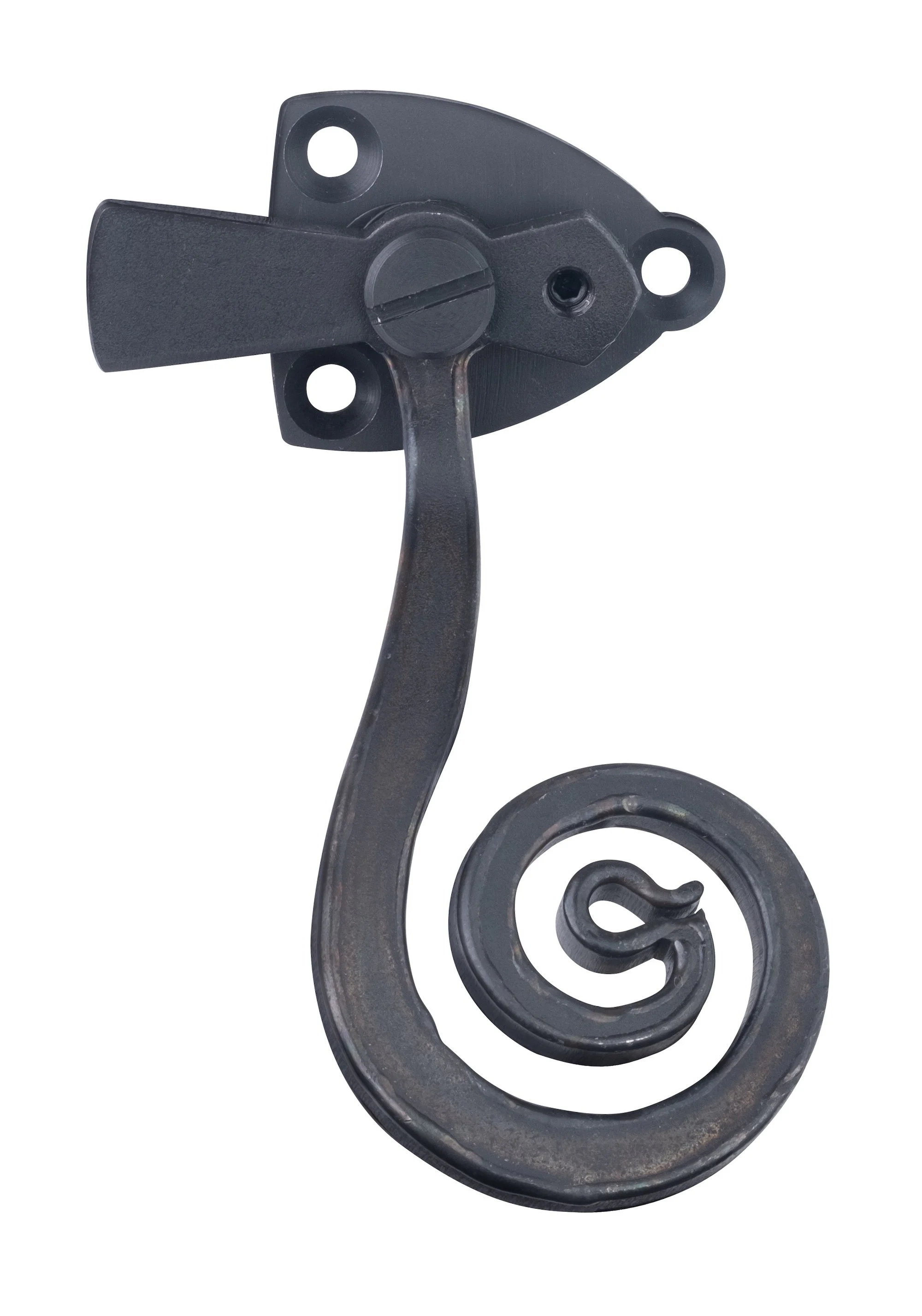 Close-up of an ornate black metal scrollwork with a spiral design.