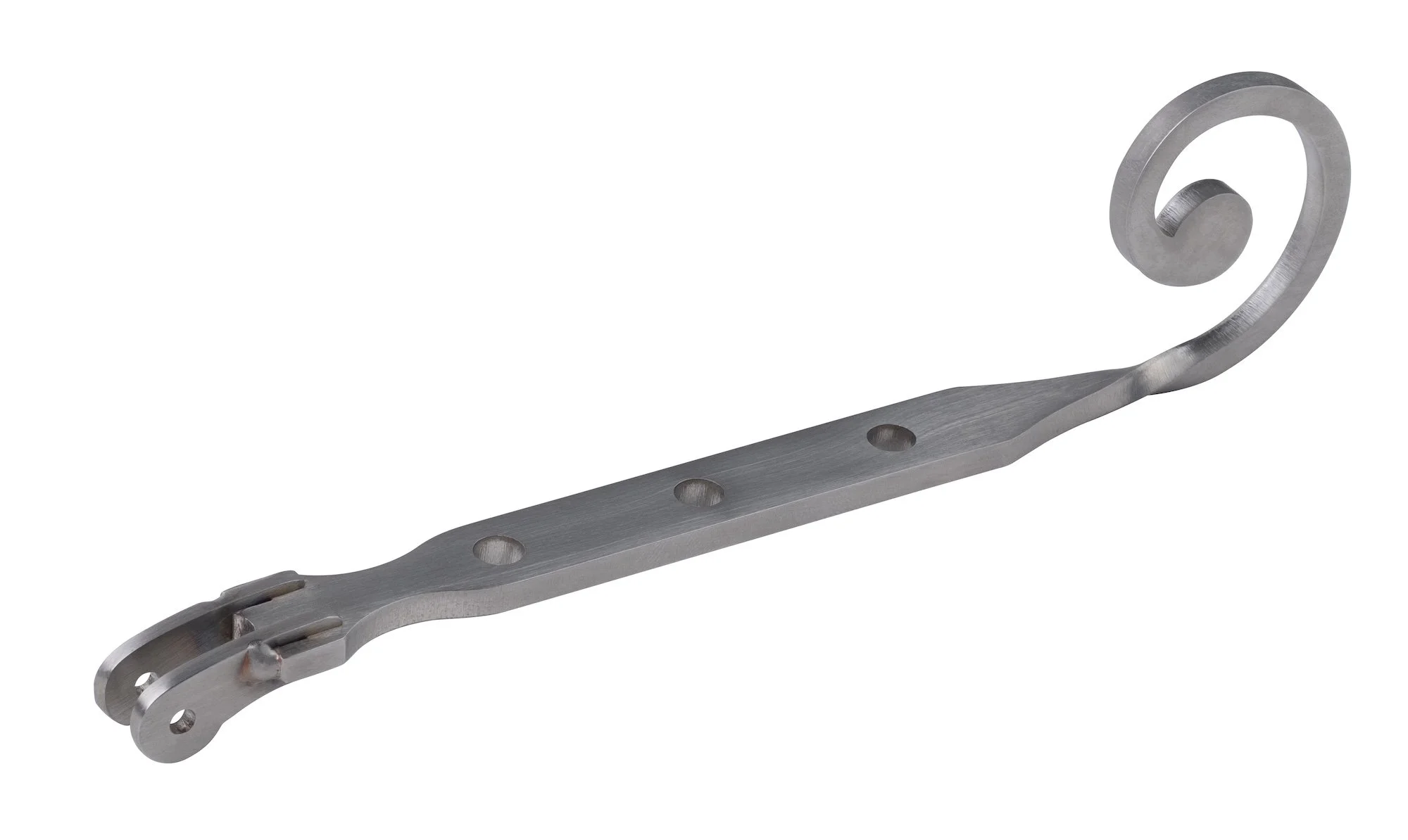 Metal surgical or medical instrument with a curved, elongated shape and multiple holes along its length.