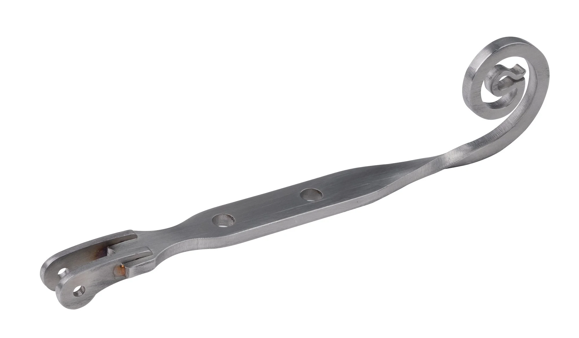 A metal cheese slicer with a spiral wire cutter at the end