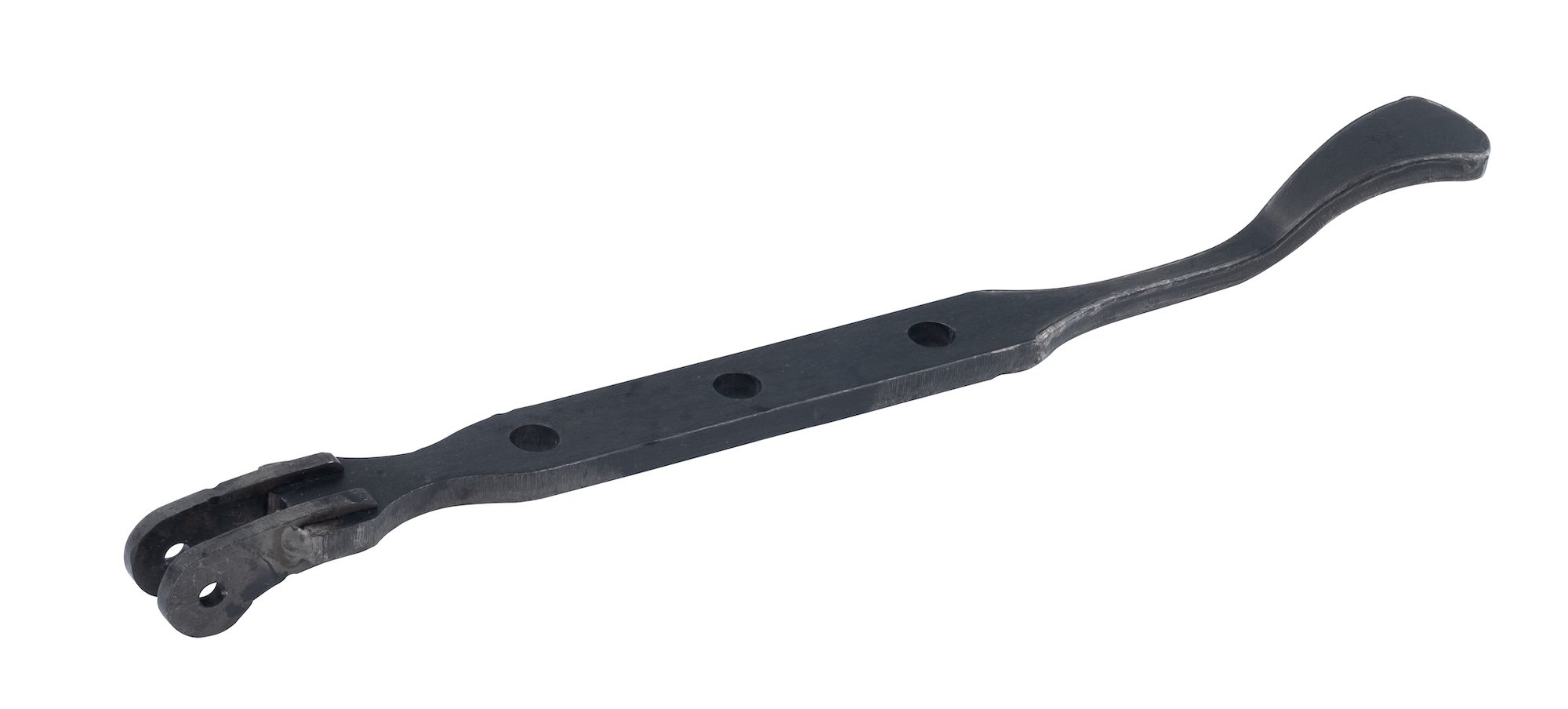 A black metal tool with a curved handle and three circular holes along its flat body, likely used for industrial or mechanical purposes.