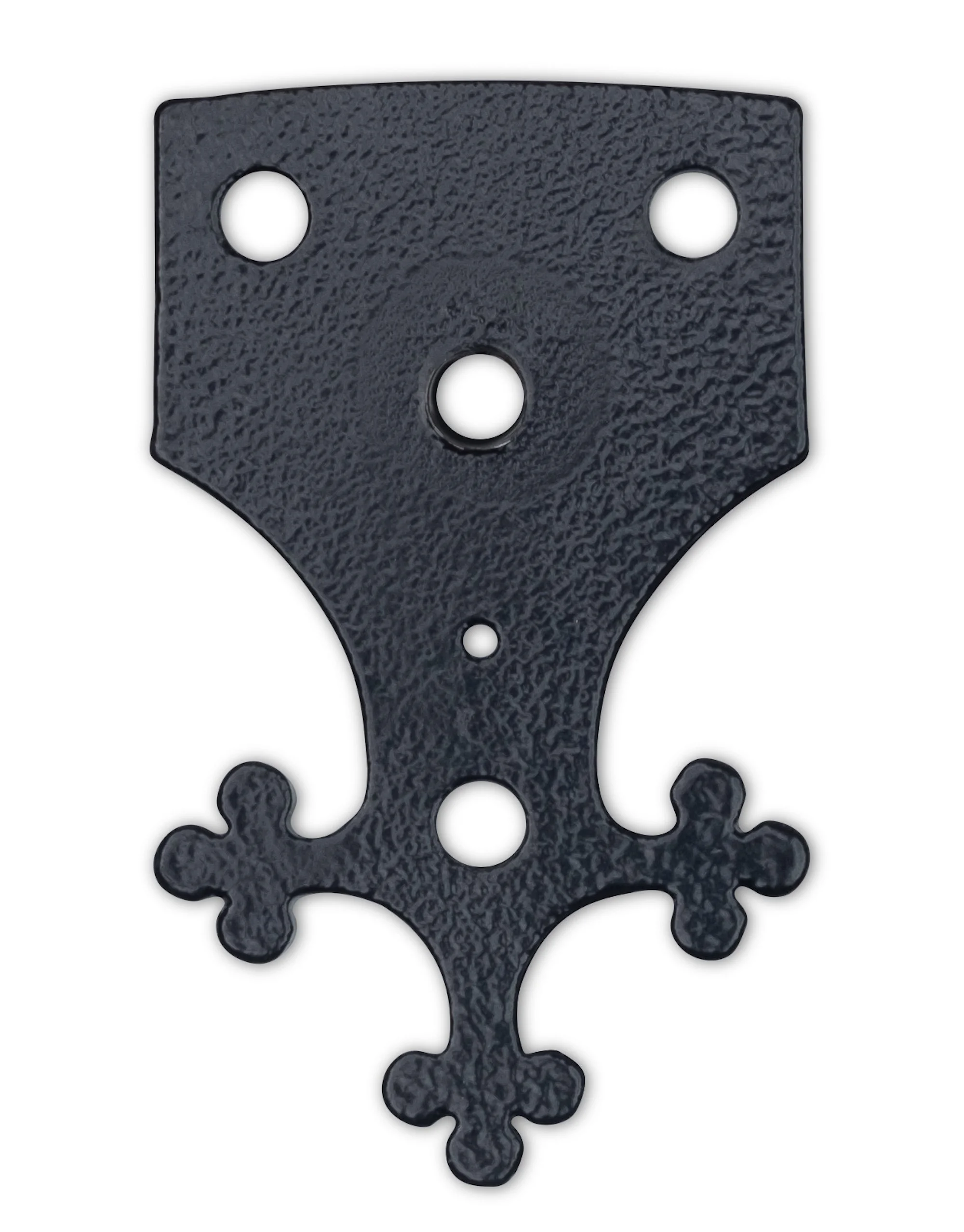 A black snowflake-shaped metal object with multiple holes and protrusions, possibly a decorative or functional piece.