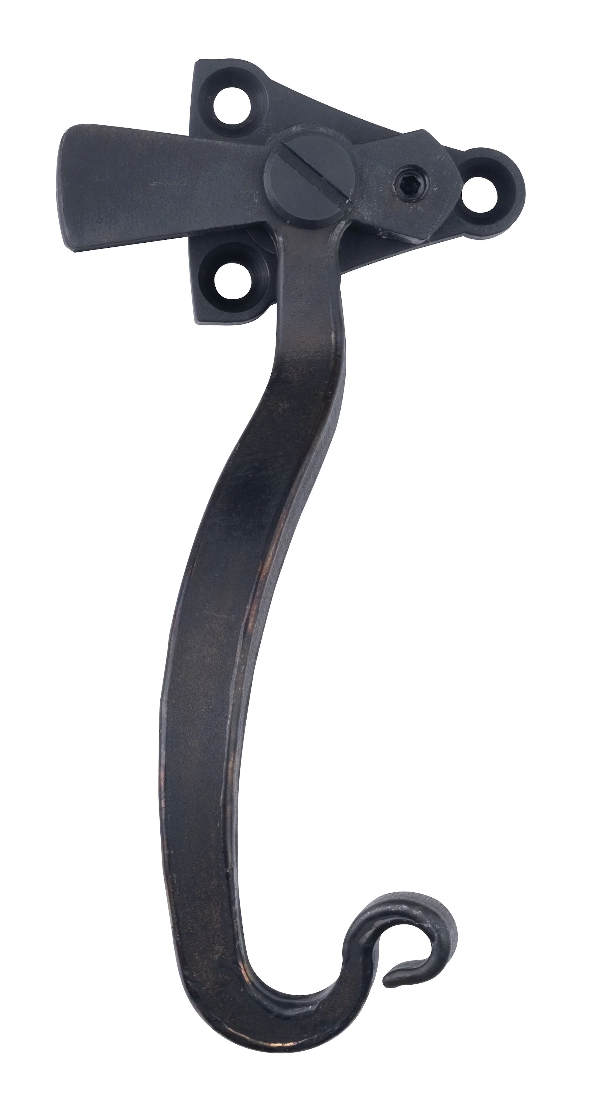 A black metal hook with a curved shape and mounting holes.