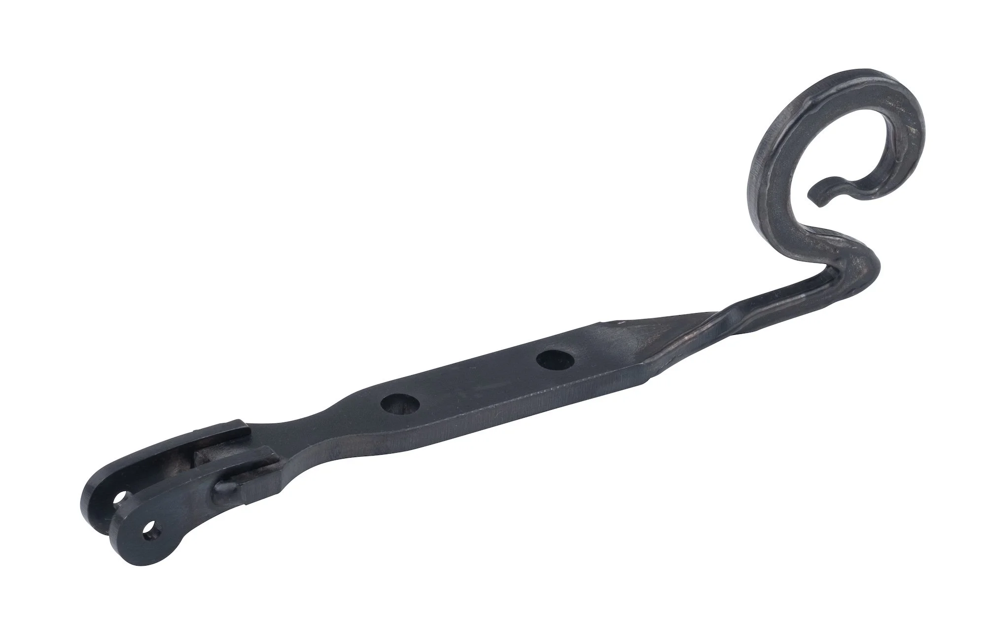 Black metal door hook with a curved S-shape.