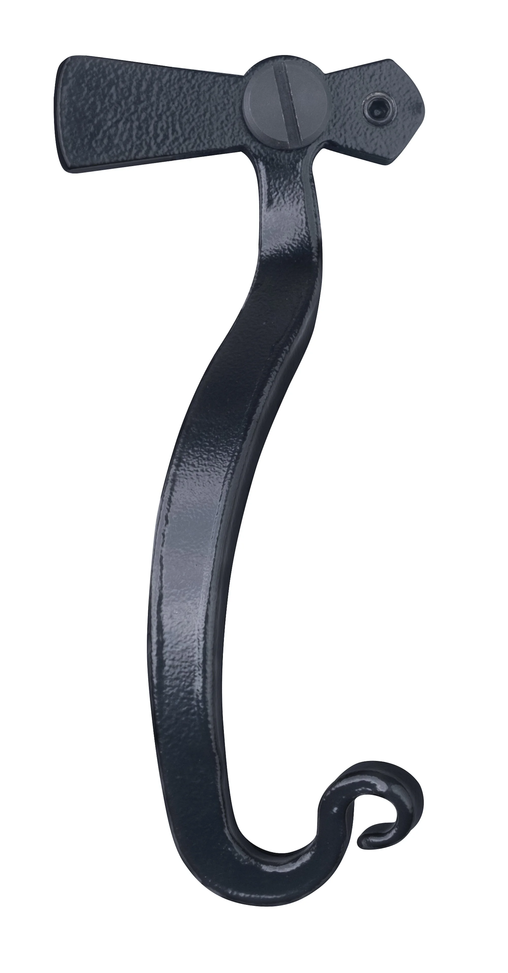 A black decorative wall hook with a curved hook at the bottom and a textured finish.