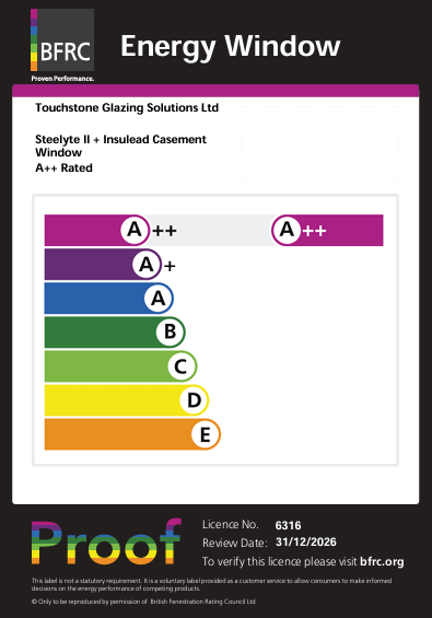 Label for energy-efficient window glazing by Touchstone Glazing Solutions Ltd, rated A++ with a color scale from A++ to E, with the brand logo BFRC at the top and proof of license details at the bottom.