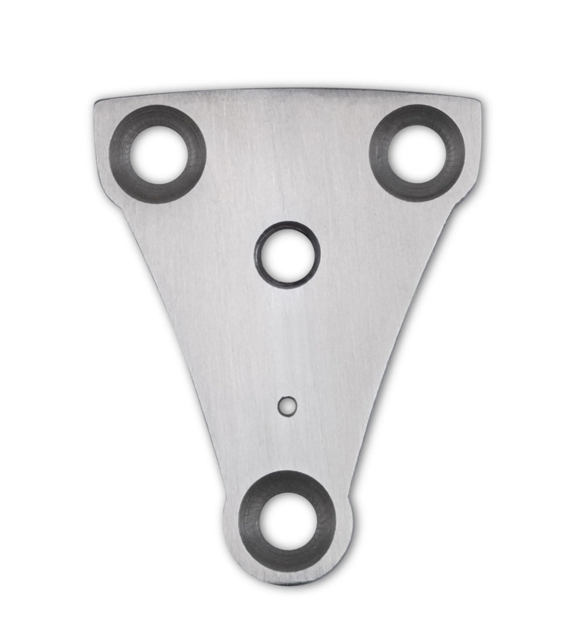 Close-up of a metal mechanical part with three circular holes.