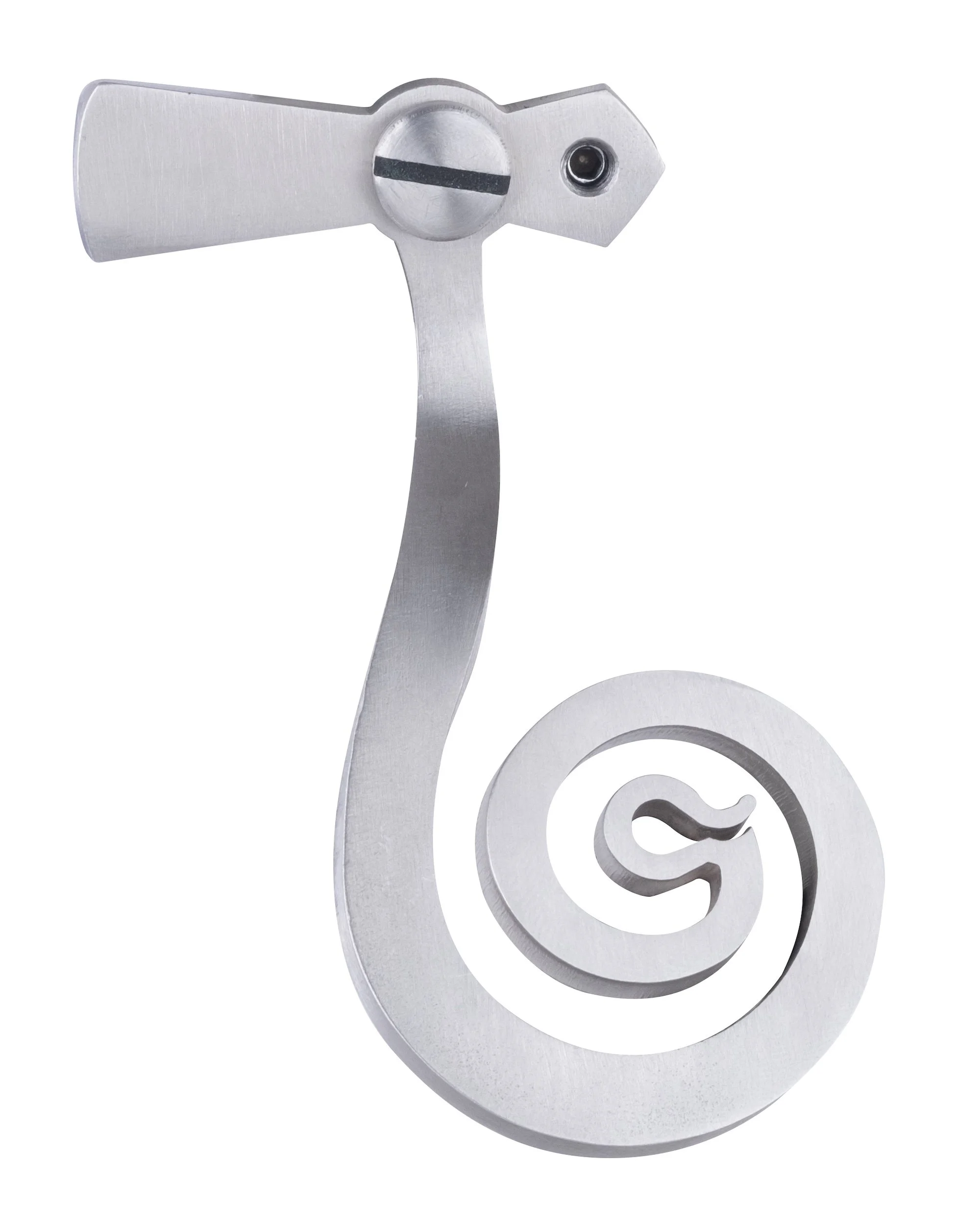 A metal bottle opener with a decorative design featuring a snail shell.