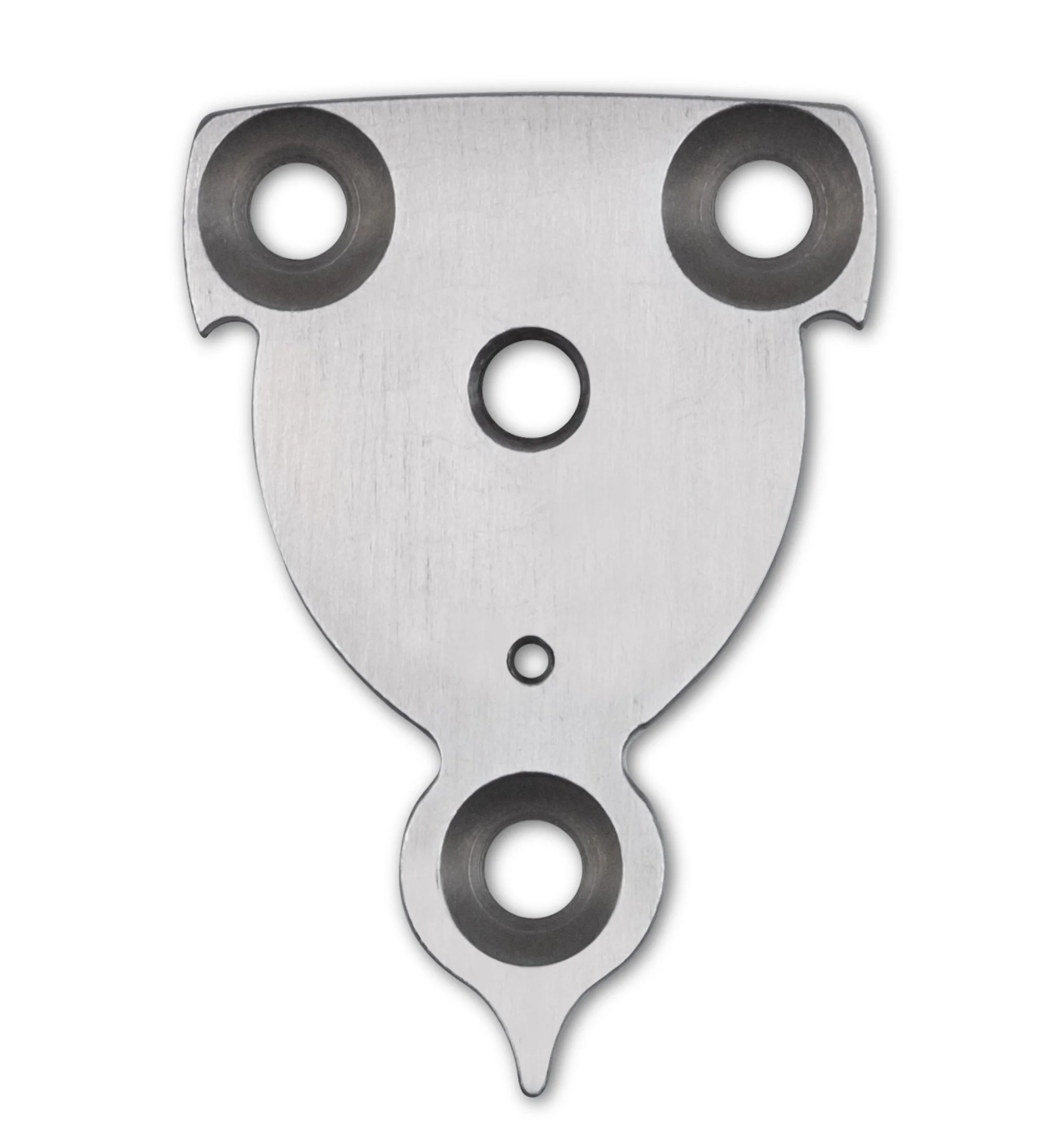 Close-up of a metallic surgical or precision instrument with three circular holes in its design.