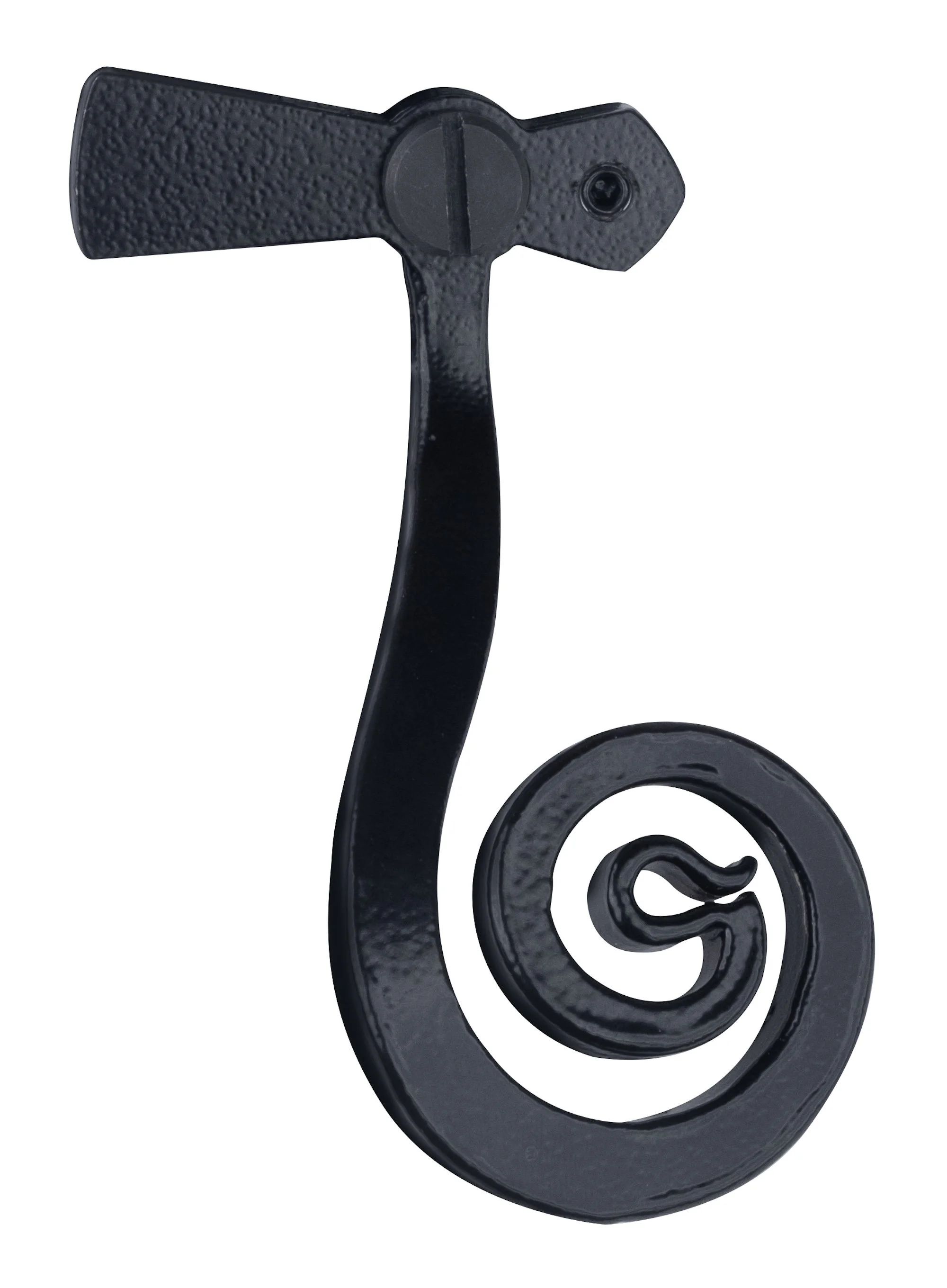 Black metal decorative object in the shape of a stylized snail with a spiral shell and elongated body, featuring textured and smooth surfaces.