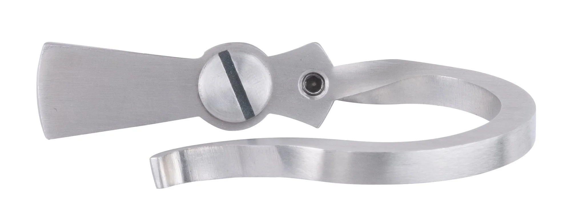 A metallic clip with a curved arm, a screw, and a circular adjustment knob.