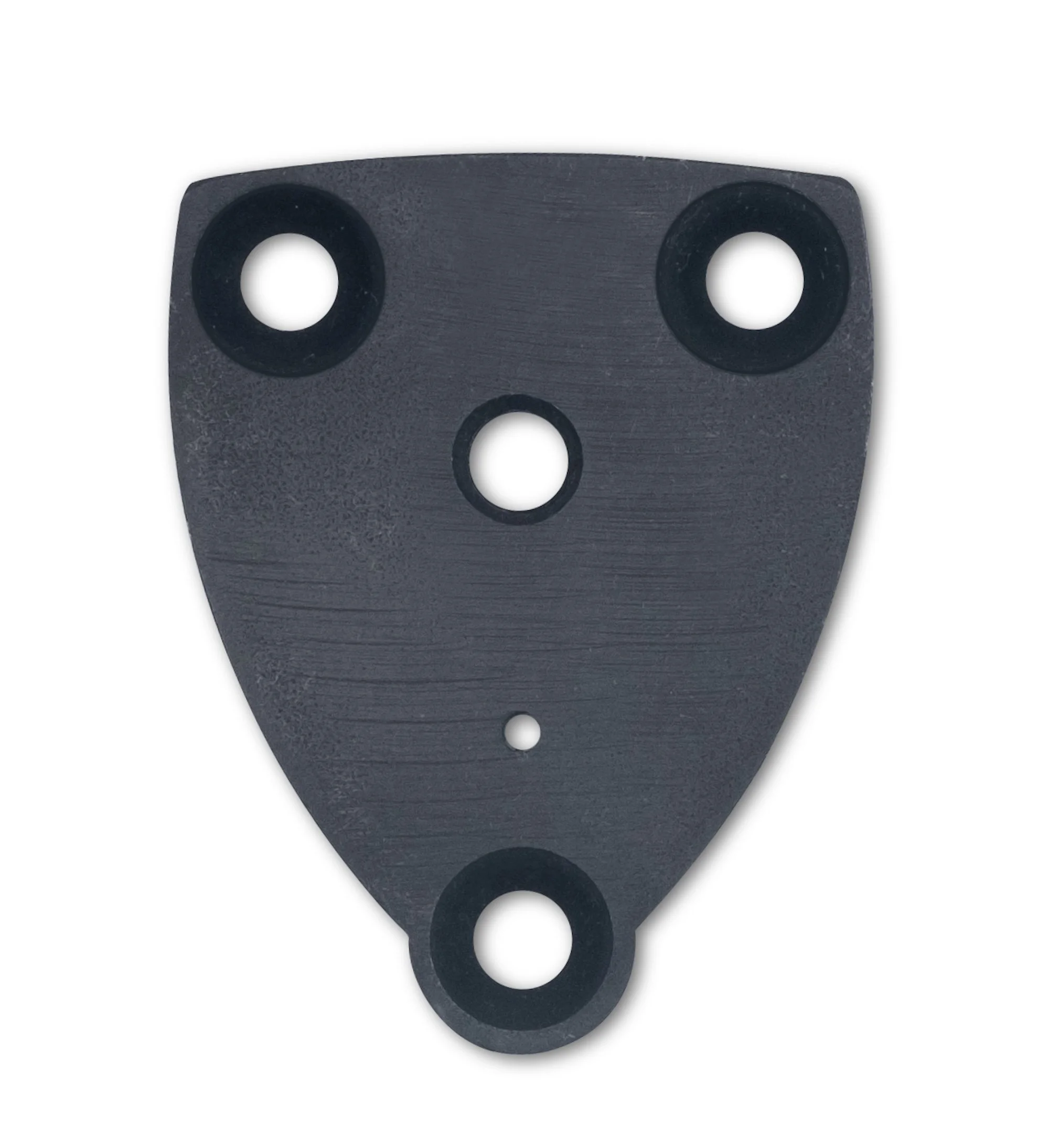 A close-up of a black seatbelt tongue buckle with three circular holes on a white background.