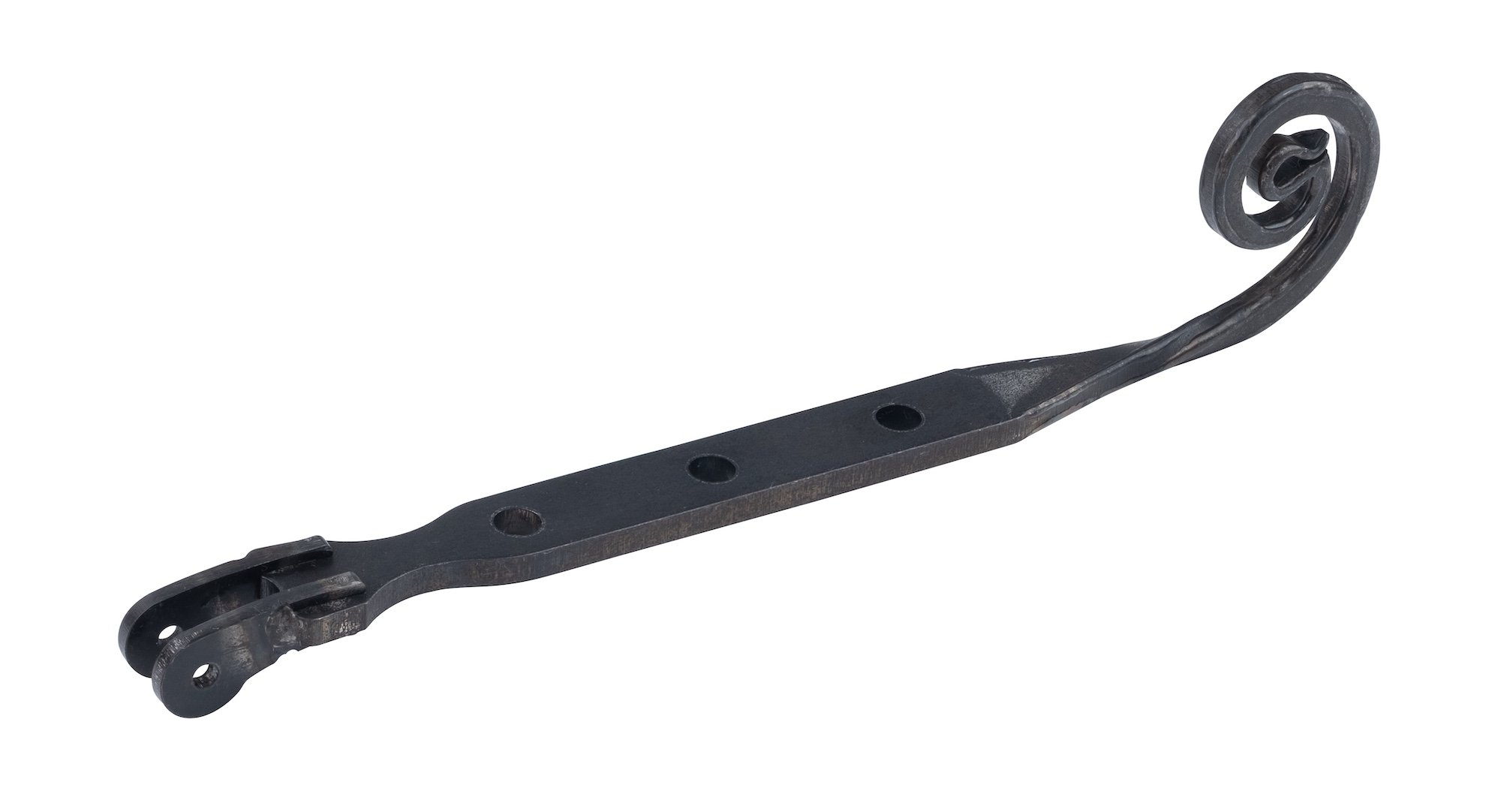 Black metal automotive part, possibly a latch or lever, with multiple mounting holes and a spiral-shaped end, isolated on white background.