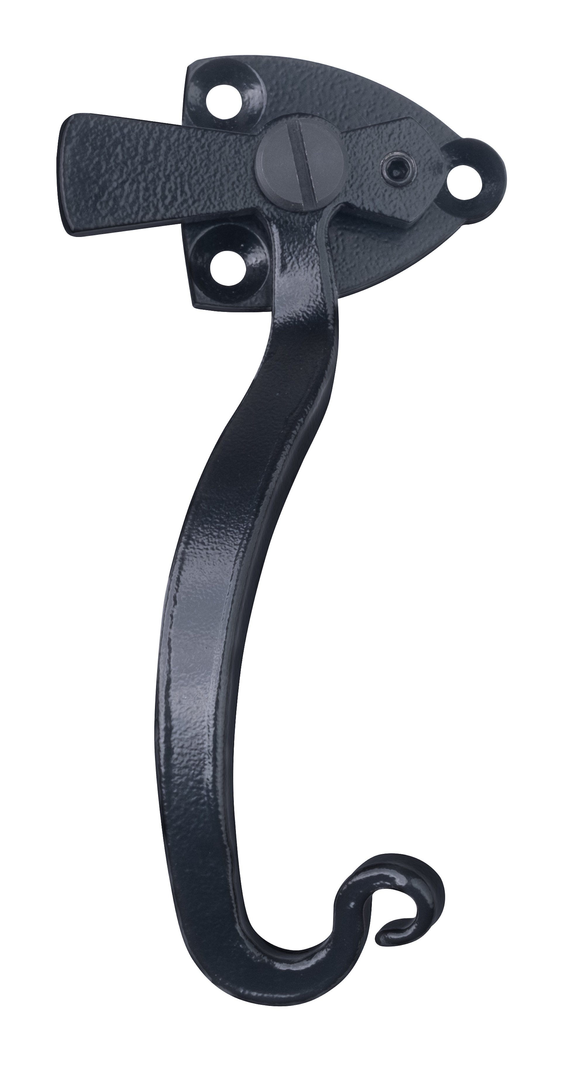 Black decorative wall hook with a scroll at the bottom, mounted on a white background.