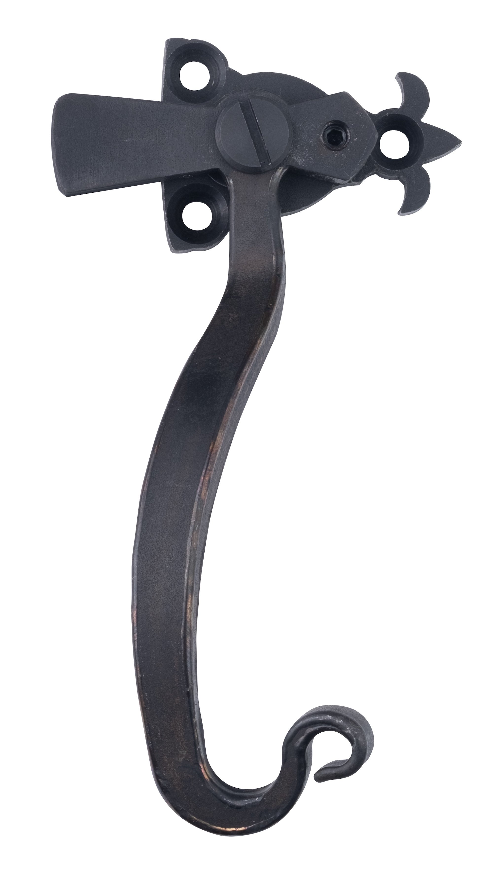 A black metal hook shaped like a horse, with a circular ring at the bottom and a decorative horse head at the top.