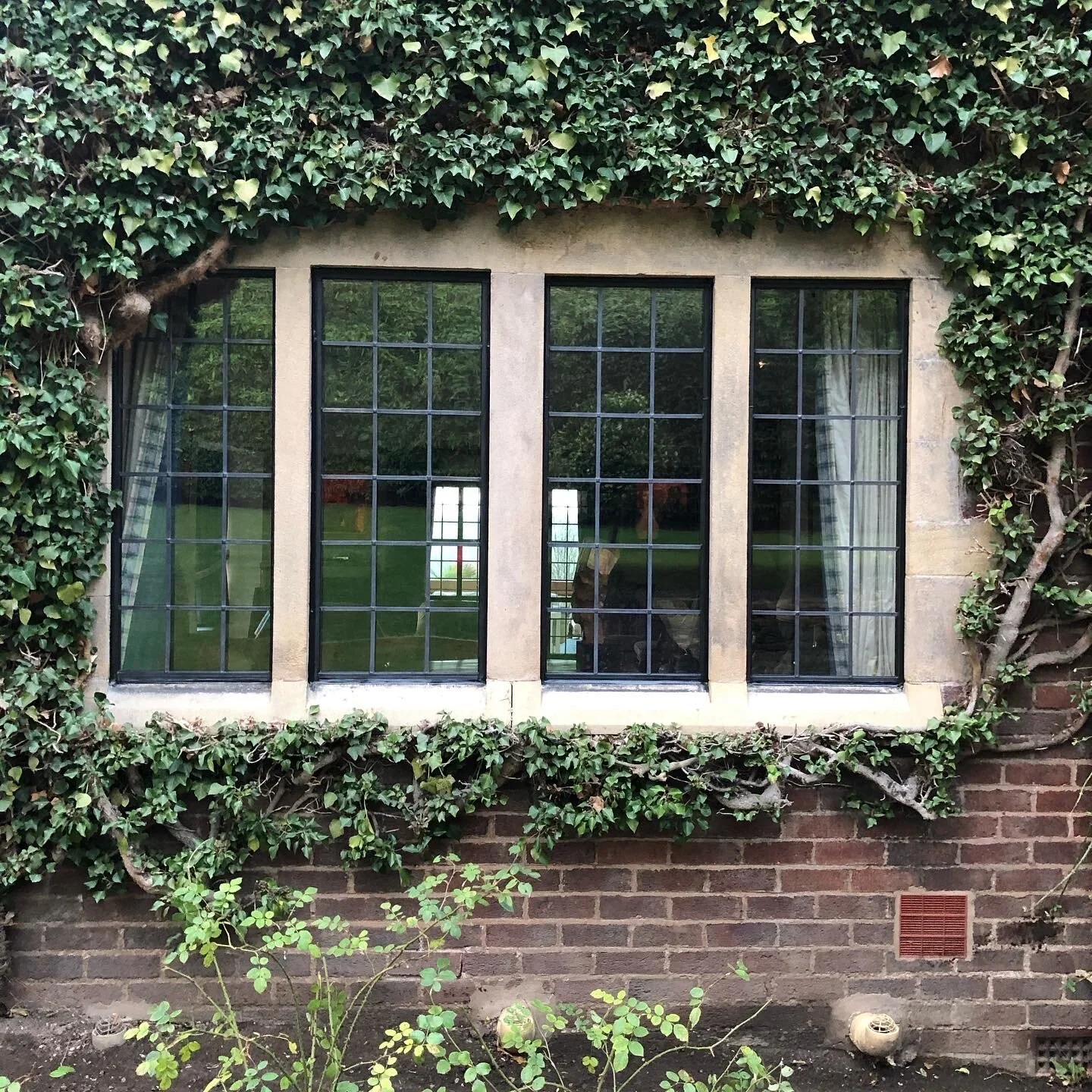 A window with black grid panes set in a stone wall, surrounded by green ivy vines and foliage.