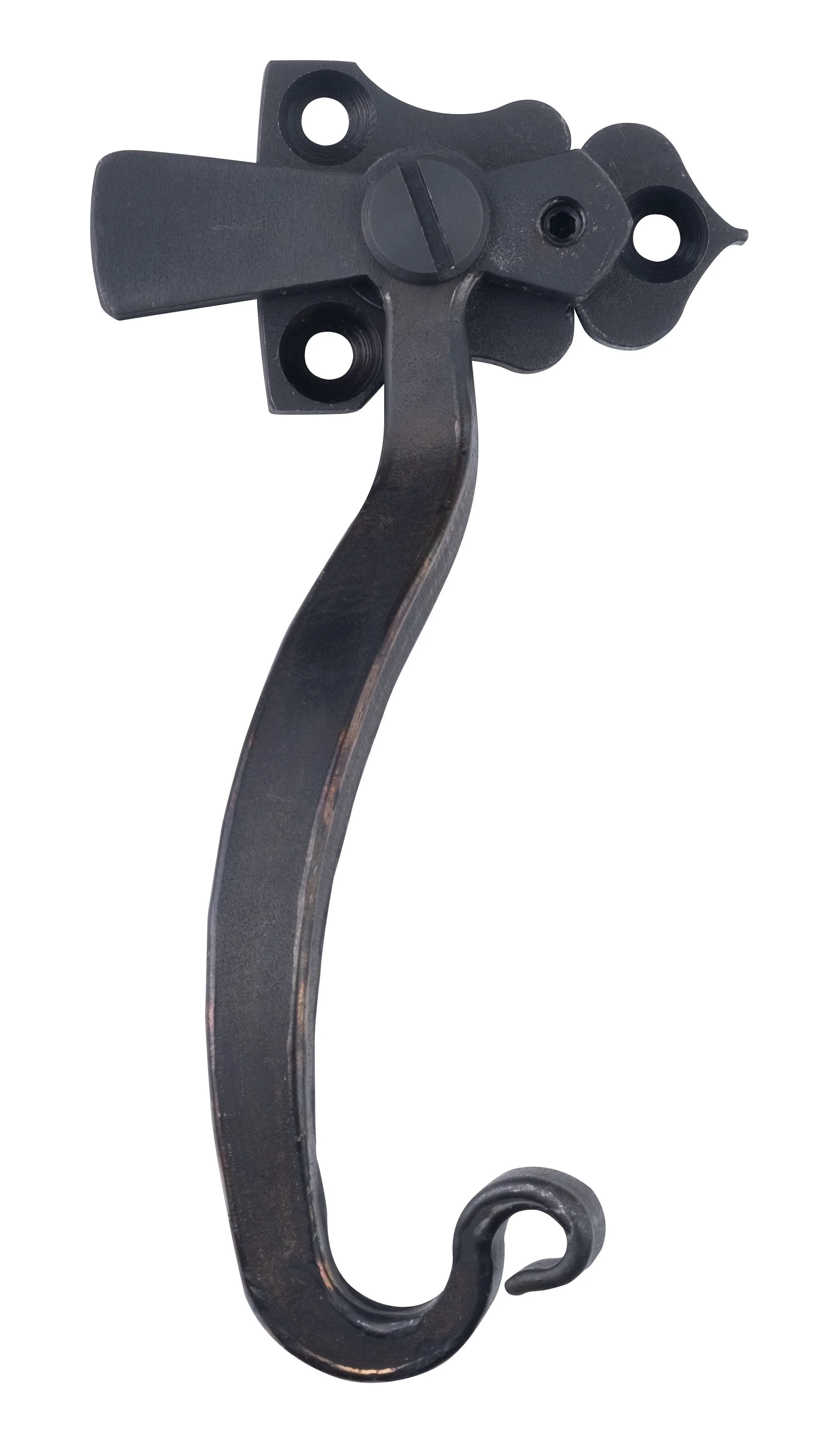 A black metal wall hook with a curved shape and a rounded hook at the bottom.