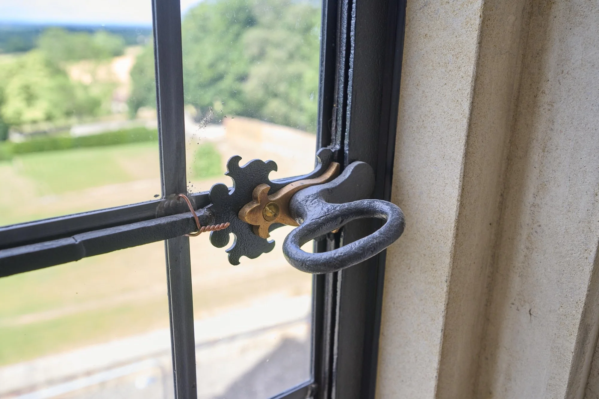 Close-up of an ornate, decorative metal latch on a window, with a background of green trees and grass outside.