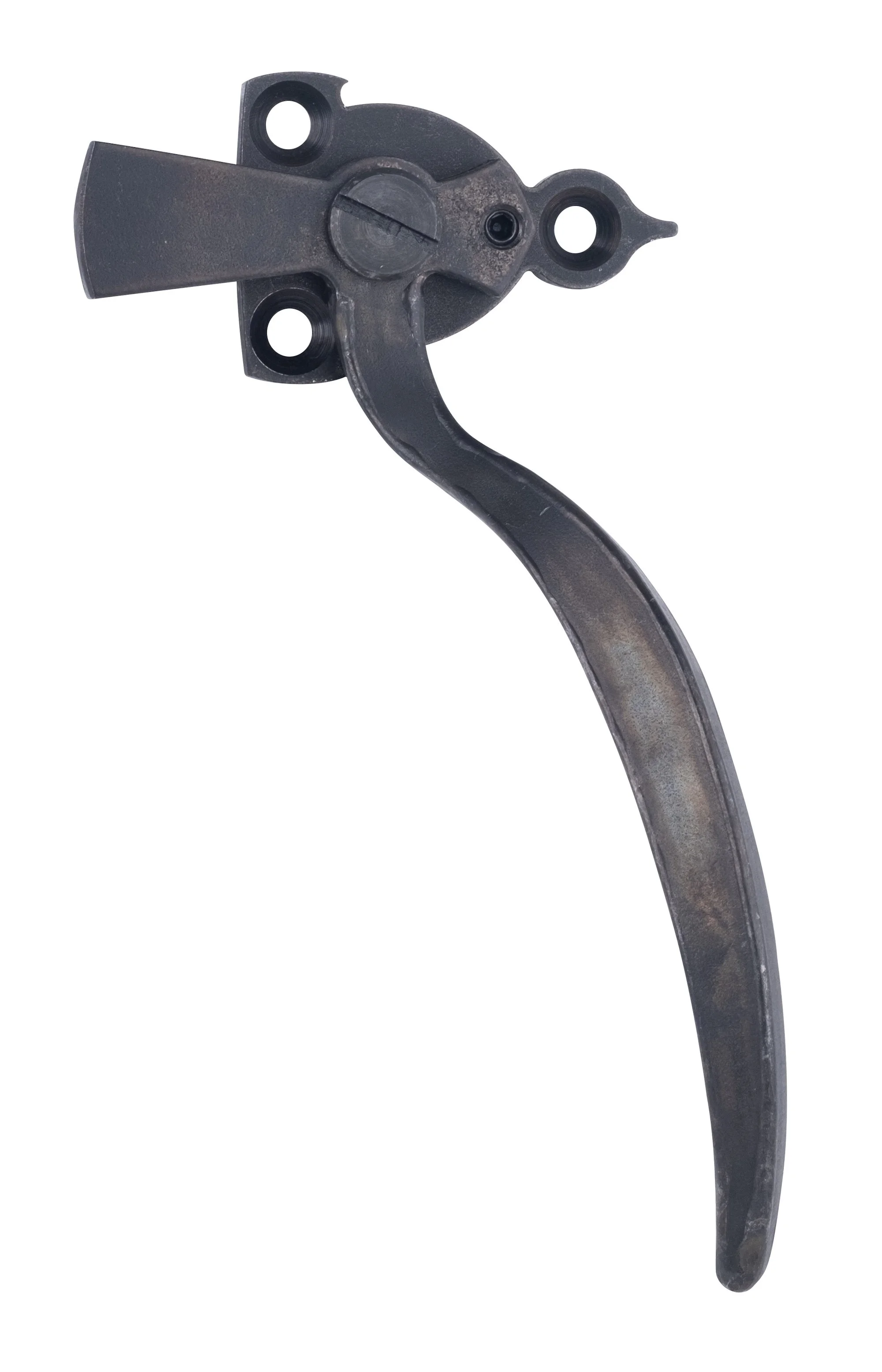 Close-up of a black mechanical lever with holes and a rounded end, against a white background.