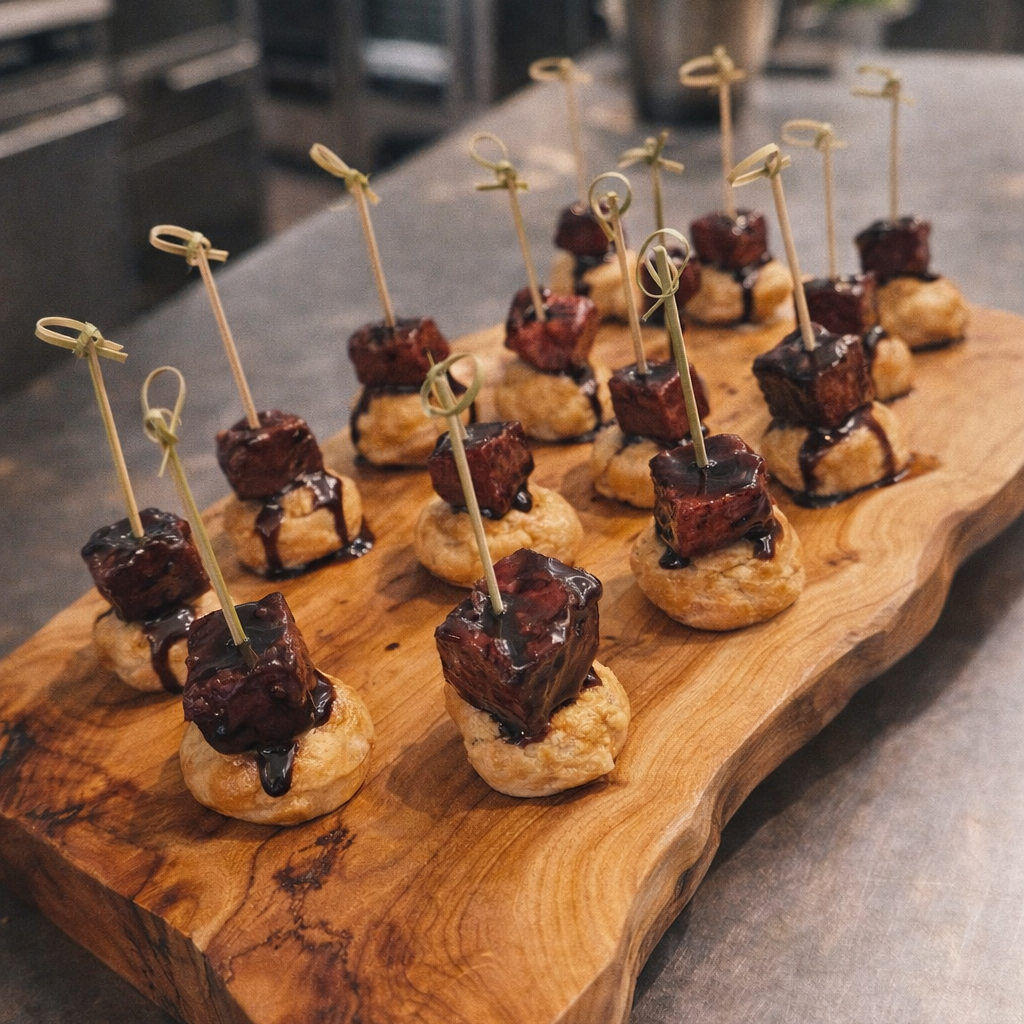 Flaky puff pastry layered with whipped ricotta and basil, crowned with tender ribeye and a velvety red wine reduction.