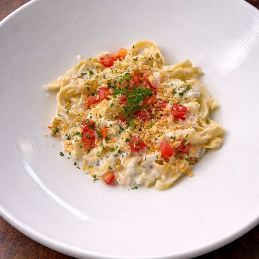 House made fettucine with sweet blue crab, creme fraiche and fine herbs. 