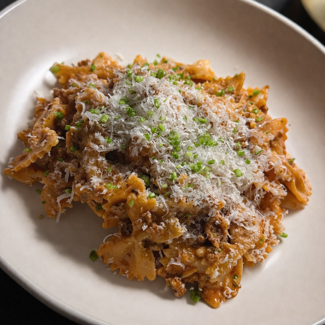 Farfalle tossed in a rich creamy Bolognese and finished with grated aged pecorino romano. 