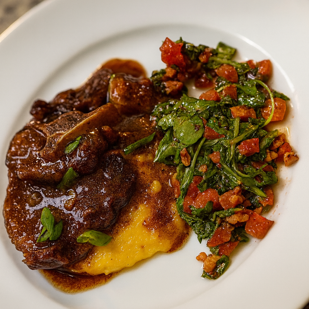 Slow braised oxtail paired with a velvety butternut squash puree and arugula salad finished with a fig vinaigrette, 
