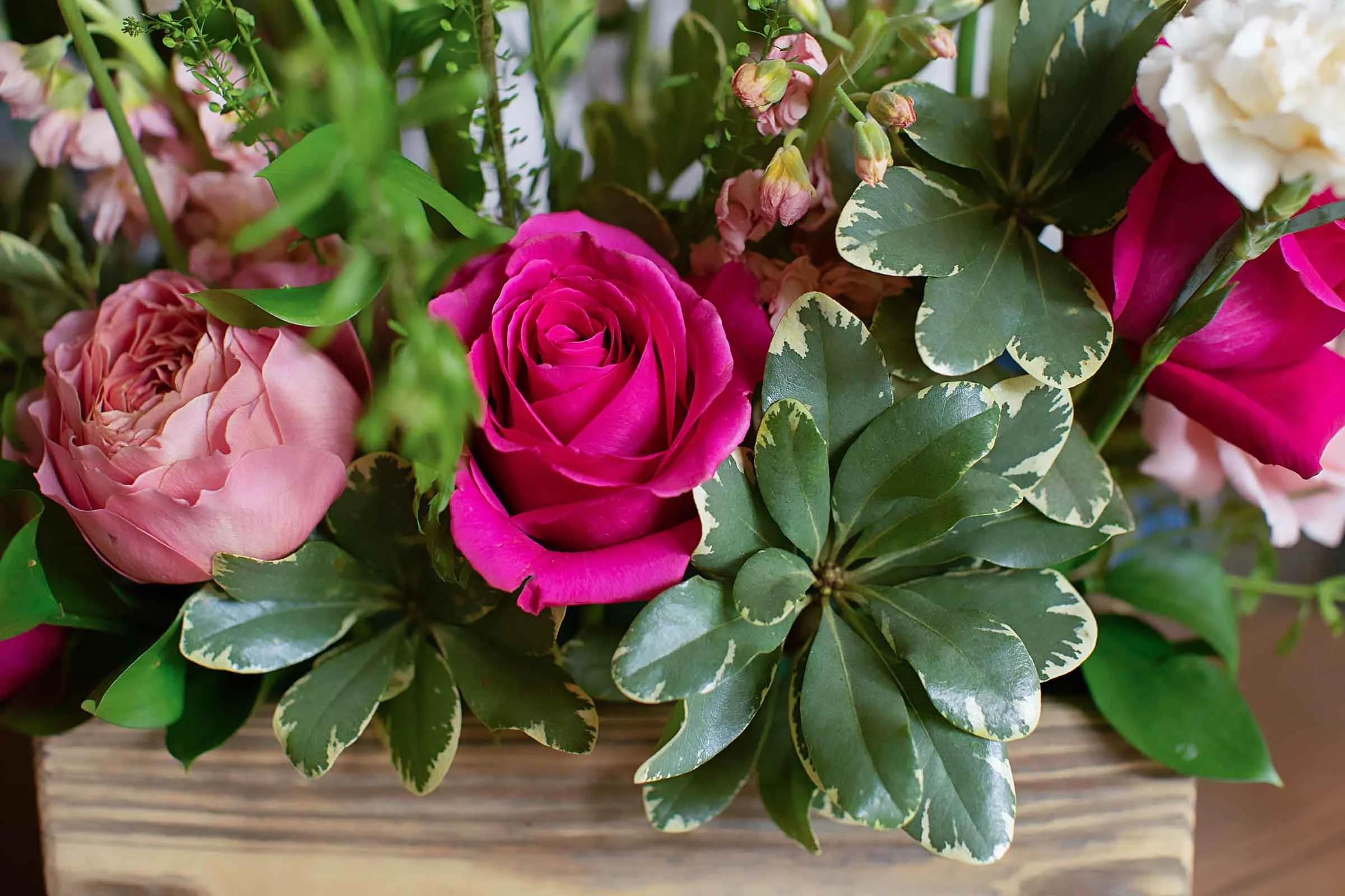 Dark pink rose surrounded by bright green foliage in a bouquet made by a central Louisiana florist.