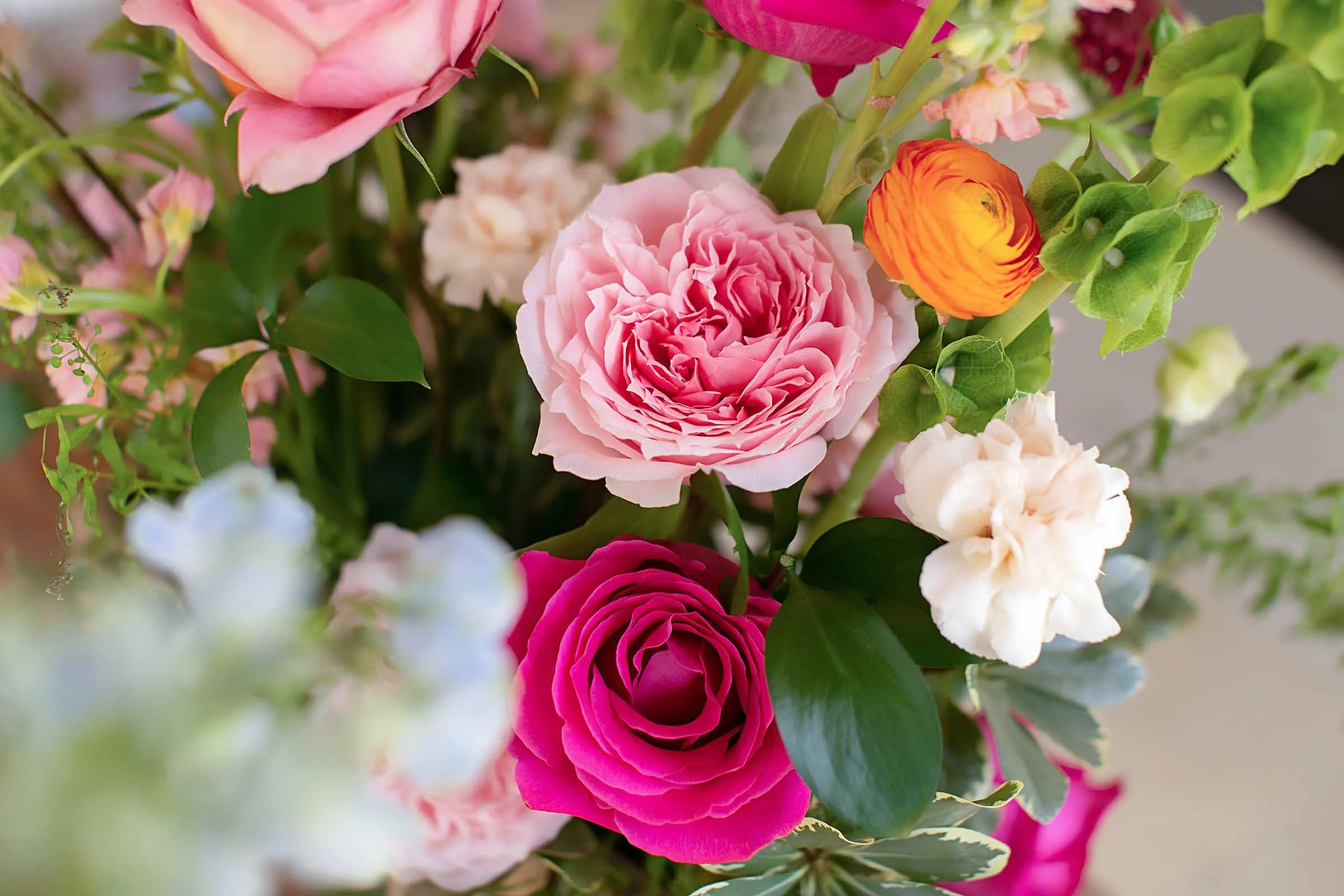 A bouquet of pink flowers with a pop of orange, with light green foliage.