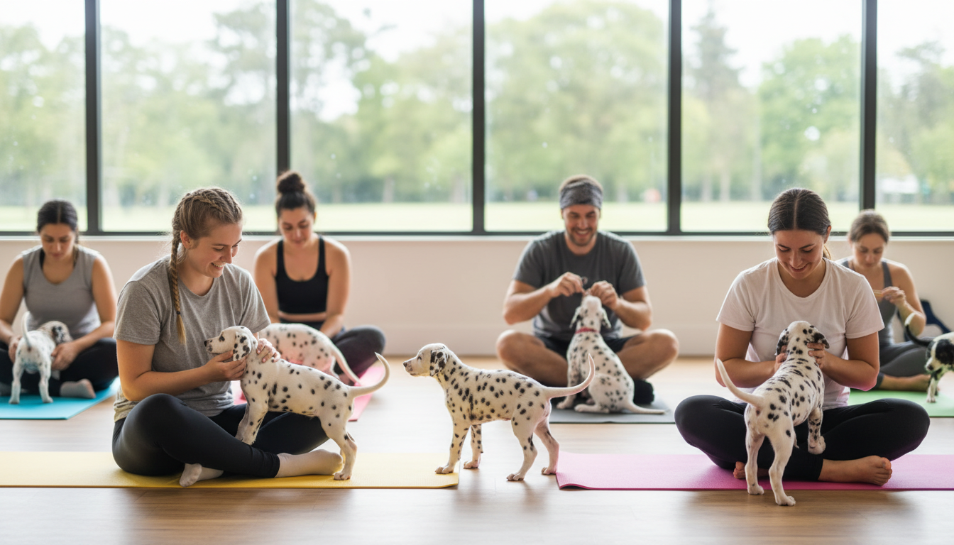 Groupe de personnes et chiots Dalmatien lors d'un cours de yoga avec chiots dans une salle lumineuse.