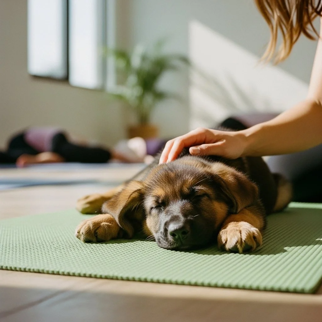 Un chien puppy allongé sur un tapis vert, en train de dormir, tandis qu'une personne caresse sa tête.