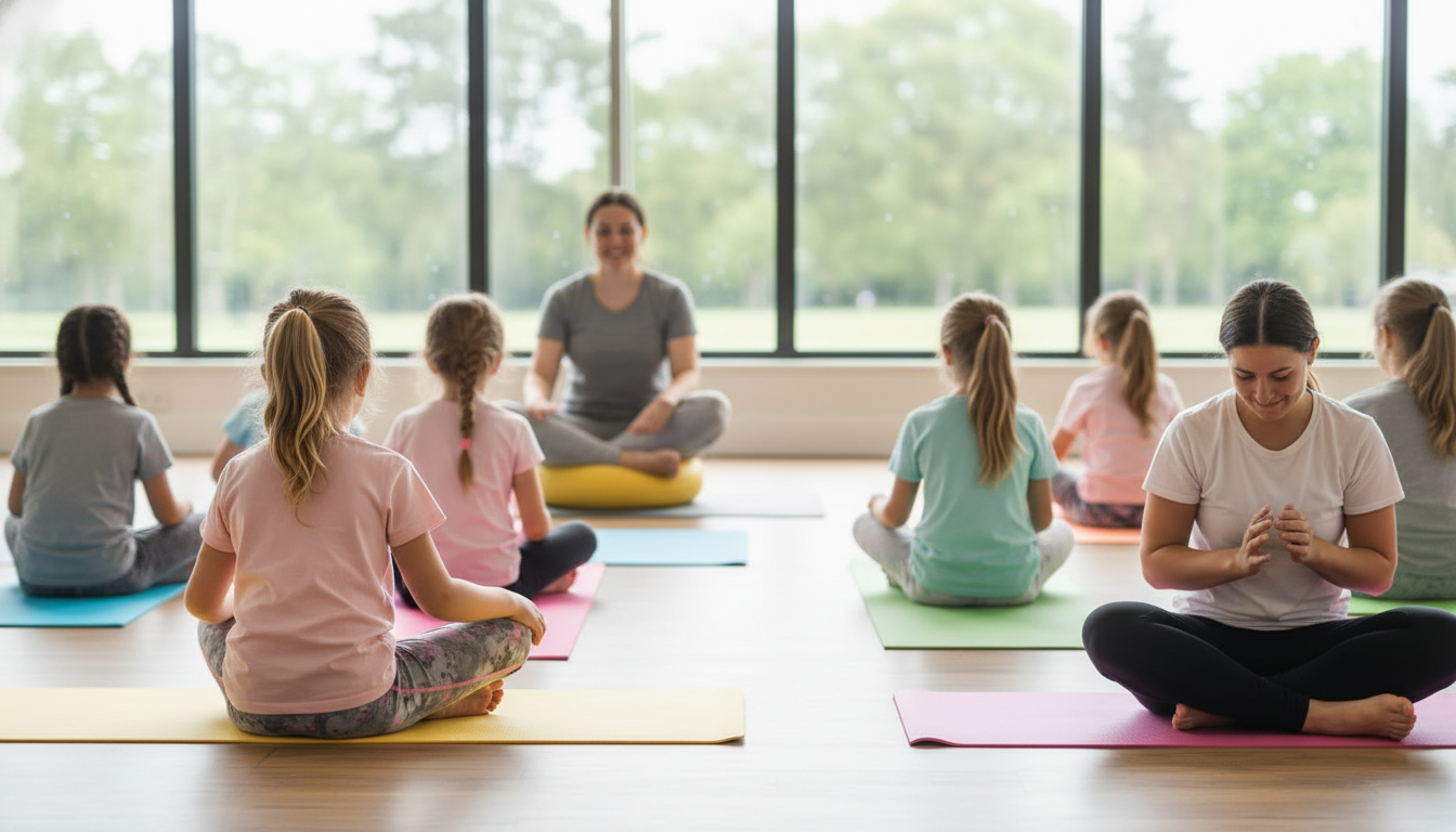 Un groupe d'enfants et deux adultes pratiquant le yoga dans une salle lumineuse avec de grandes fenêtres donnant sur un espace vert.