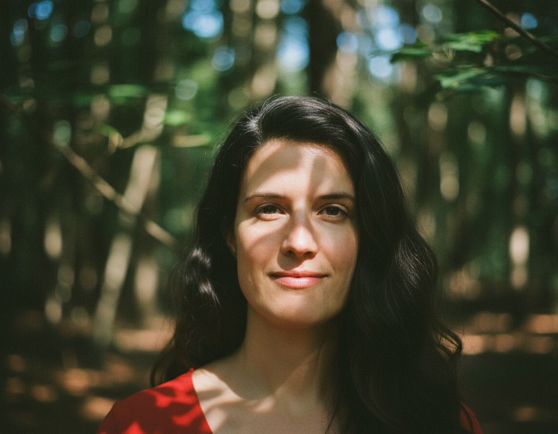 Une femme aux longs cheveux noirs sourire dans une forêt ensoleillée.
