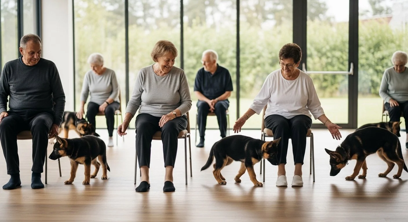 Groupe de personnes âgées s'entraînant avec des chiens en intérieur, assises sur des chaises.