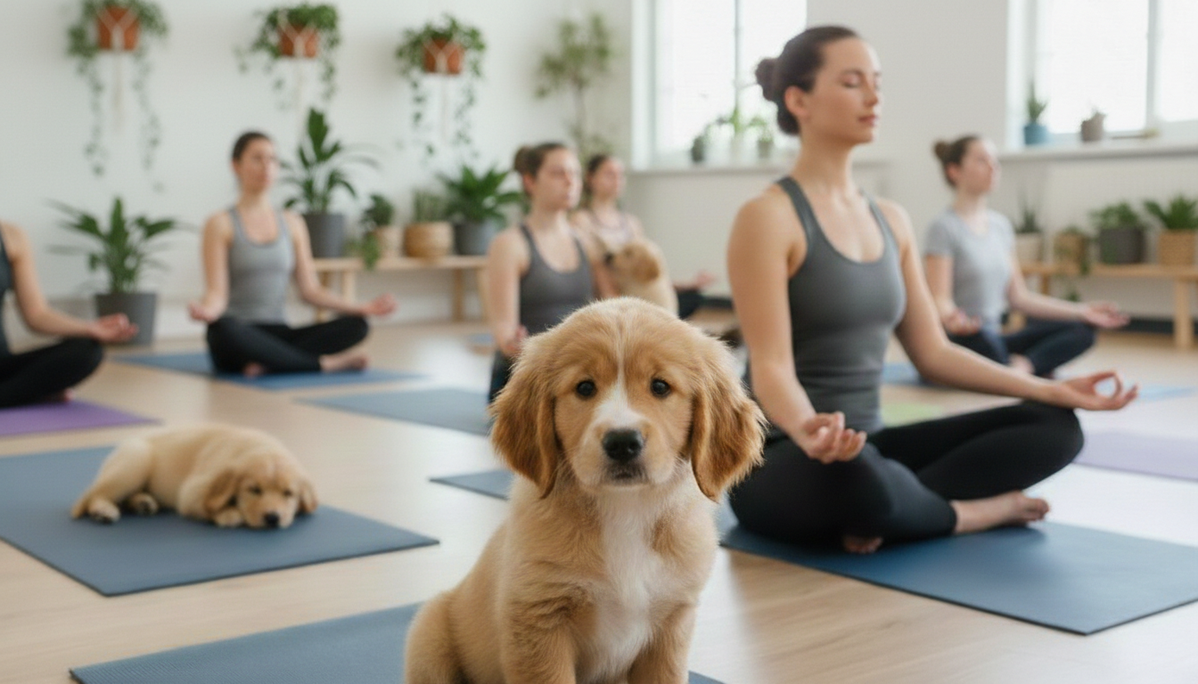 Groupe de femmes faisant du yoga avec un chien à l'intérieur d'un studio de yoga.