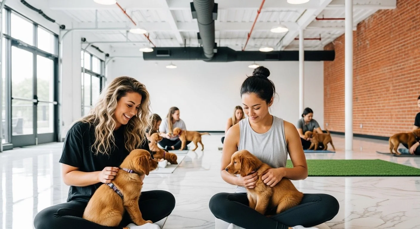 Groupe de personnes en formation de dressage de chiots dans un studio spacieux avec sol en marbre et murs en briques, utilisant des tapis pour le dressage.