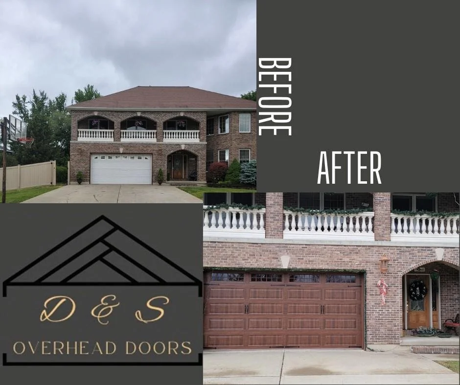 Side-by-side images of a house before and after renovation with overlay text 'BEFORE' on the top photo and 'AFTER' on the bottom, along with a logo for D E S Overhead Doors.