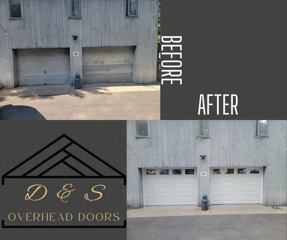 Comparison of a garage door before and after transformation by D E S Overhead Doors. The "before" image shows a plain, weathered garage with two closed doors. The "after" image shows a new, white garage door with windows at the top. The logo of D E S