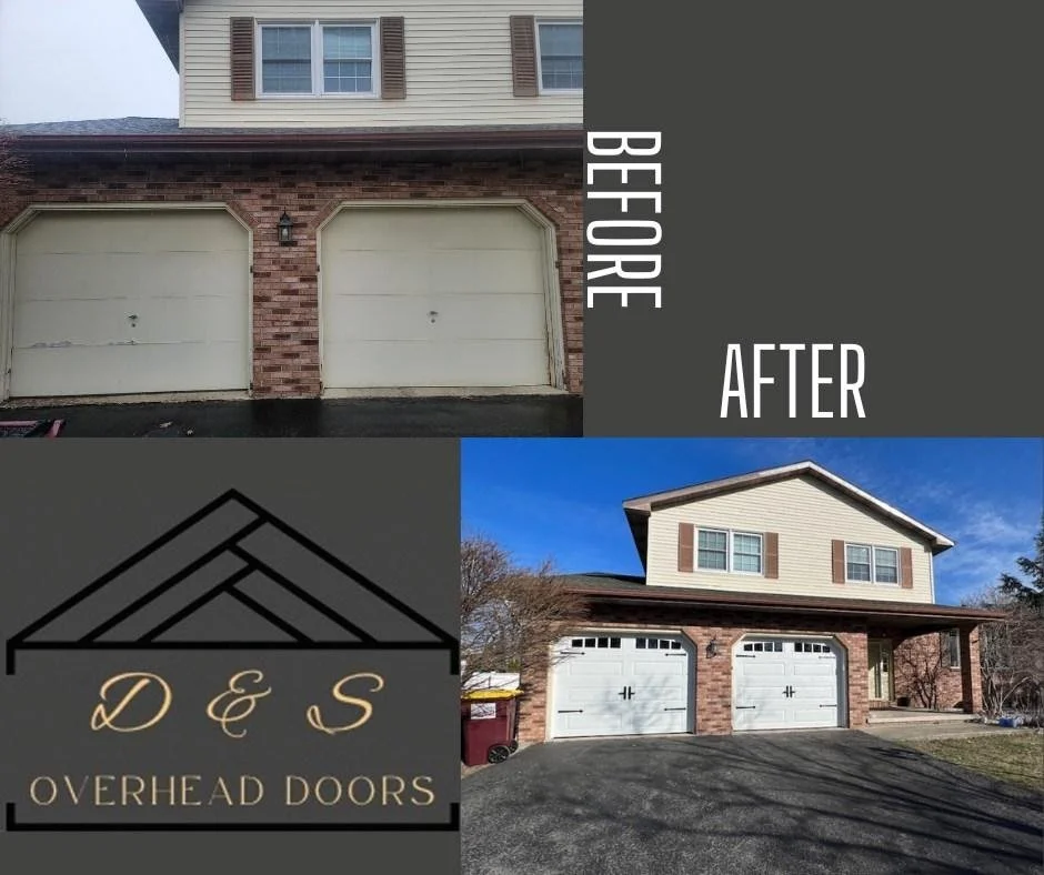 Side-by-side comparison of a house's garage before and after repainting, with a logo of D E S Overhead Doors.