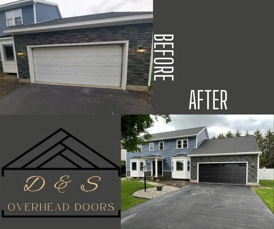 Side-by-side comparison of a garage door before and after installation by Overhead Doors. The 'before' image shows a plain white garage door, and the 'after' image shows a modern black garage door on a blue house with white trim, along with other hou