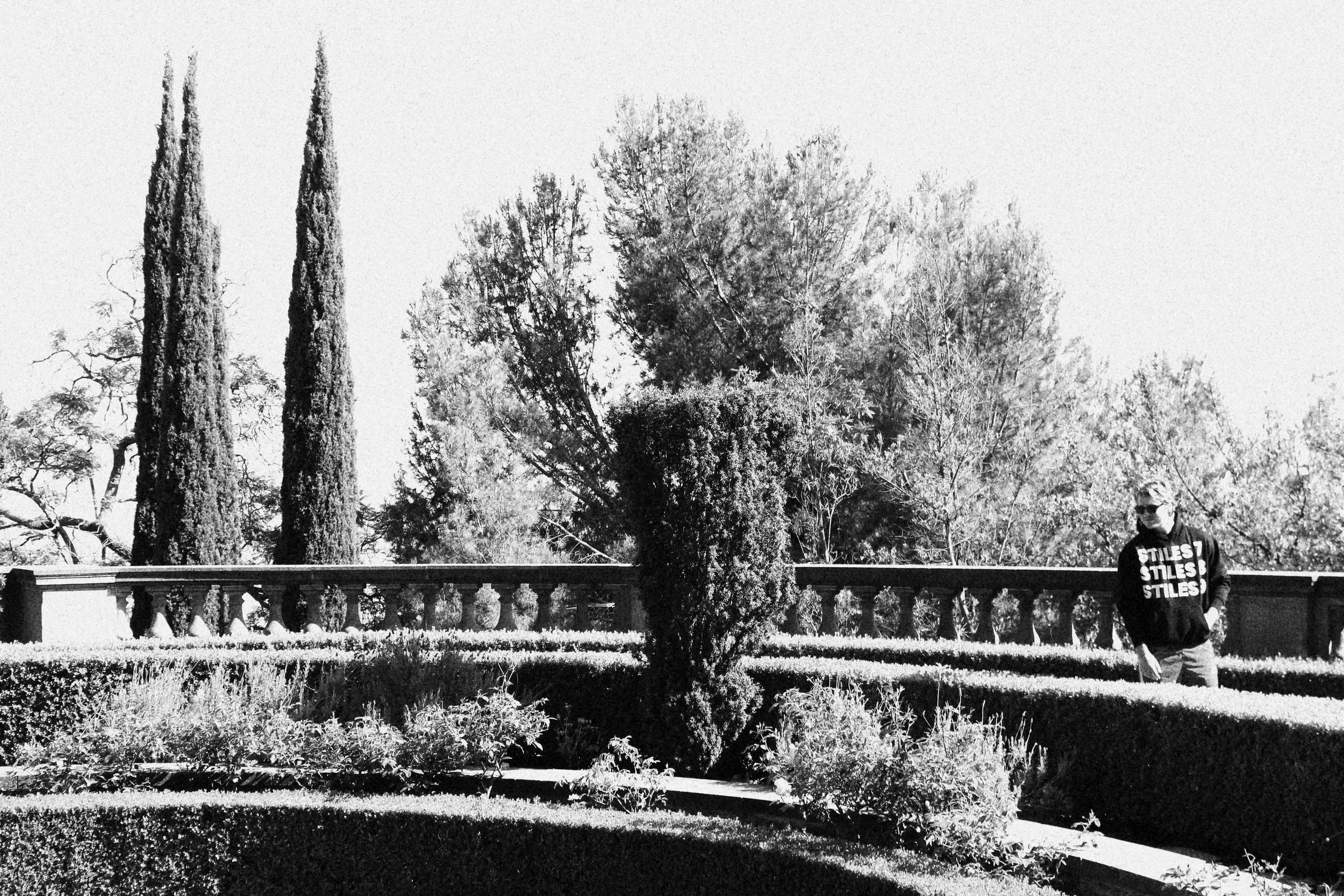 A man standing in a garden with bushes and tall trees in the background, wearing sunglasses and a hoodie that says 'STILES.'