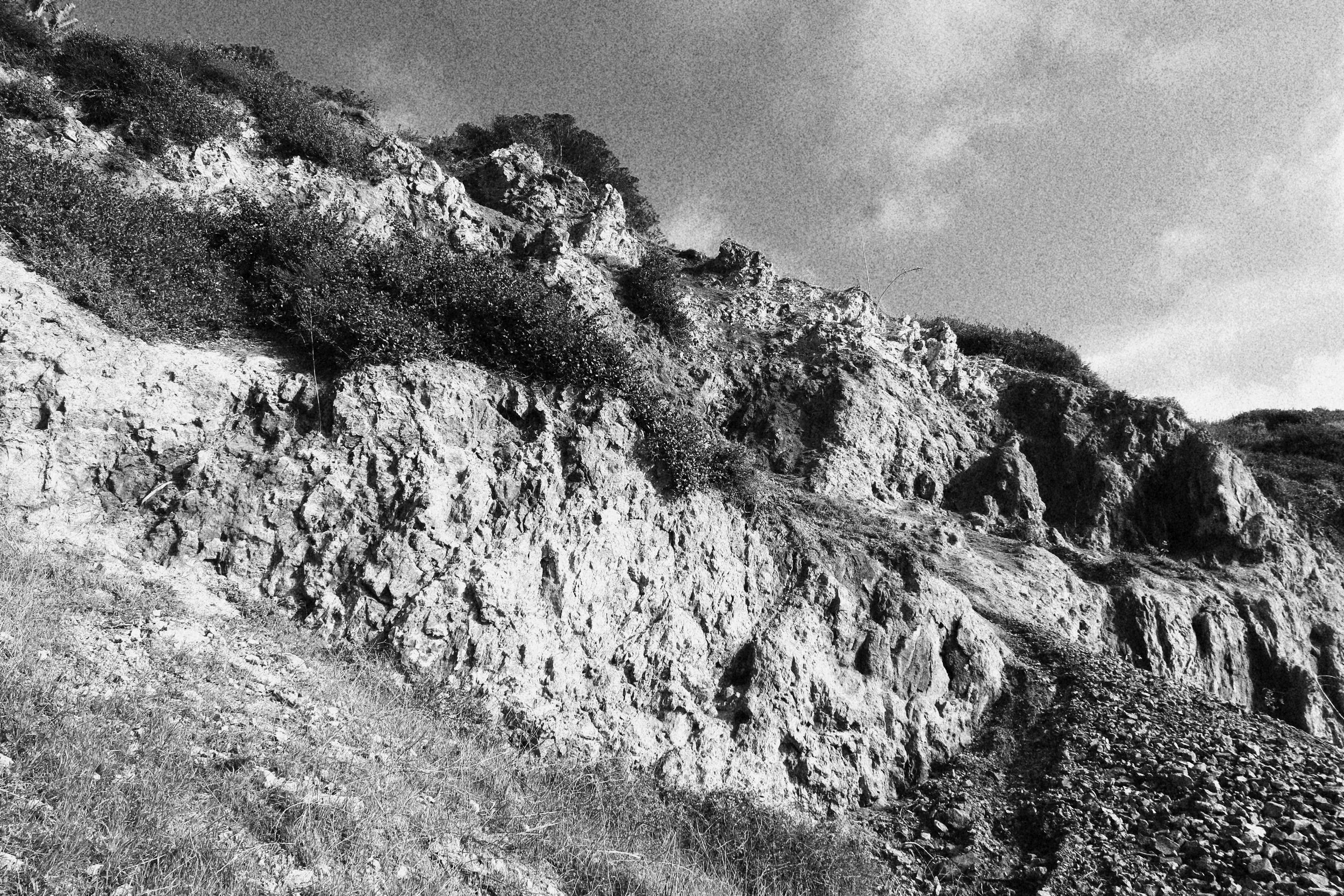 Black and white photo of a rocky hillside with sparse vegetation and a cloudy sky.