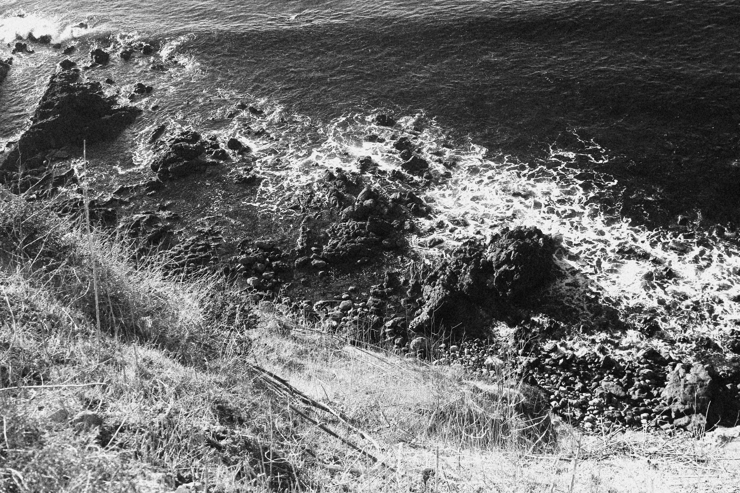 Black and white photo of a rocky shoreline with ocean waves crashing against the rocks and dry grass on the hill in the foreground.