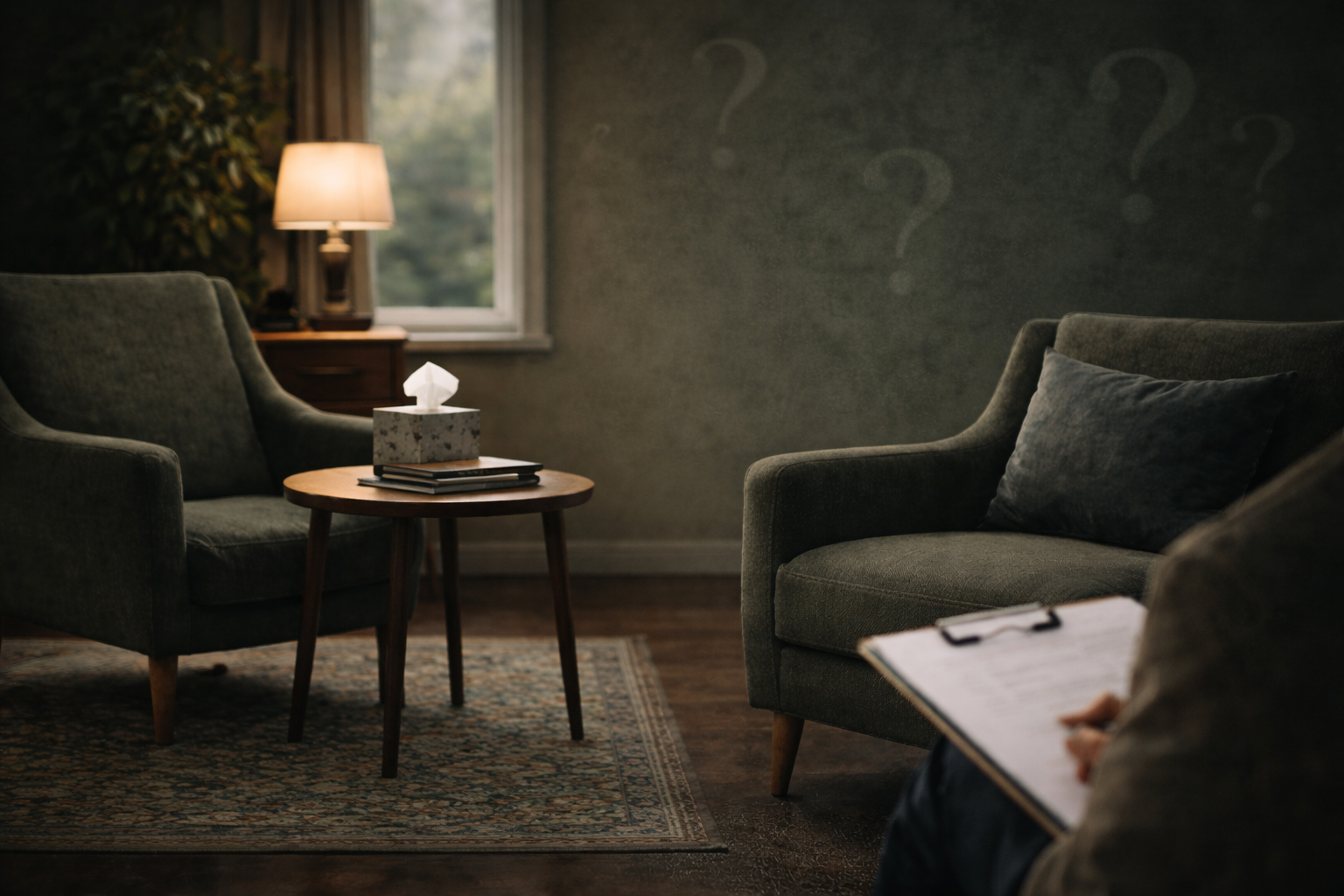 A cozy, dimly lit therapy or counseling room with two green armchairs, a small wooden table with tissues and some books, and a person in the foreground taking notes, with question marks on the dark wall indicating a questioning or counseling setting.