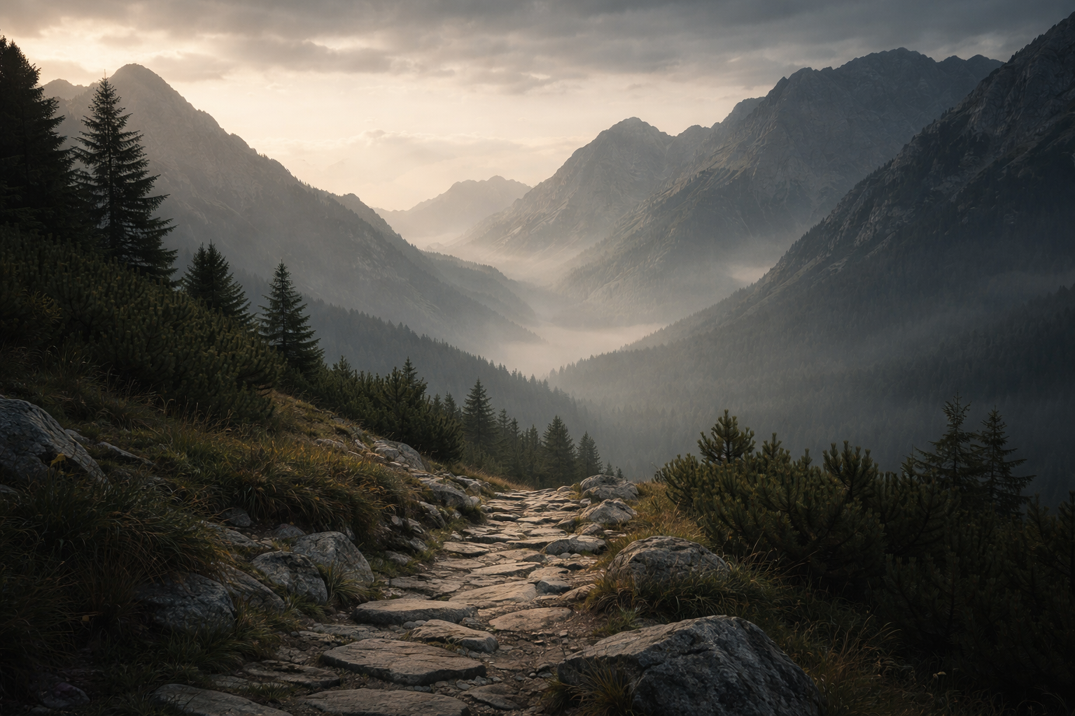 A mountain trail with rocks and greenery leading into a foggy valley surrounded by tall mountains and pine trees.